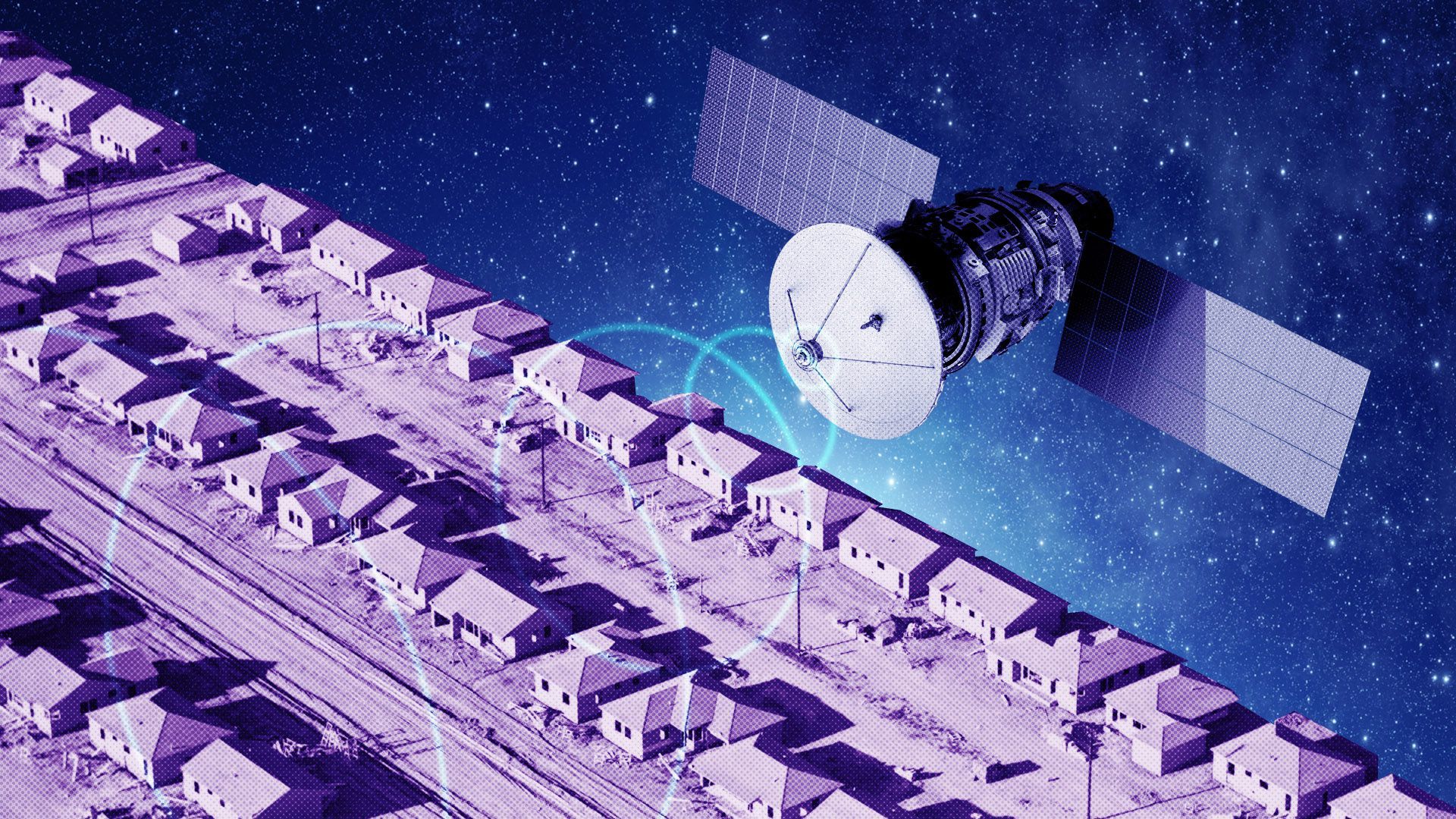 Illustration of a satellite floating above a suburb
