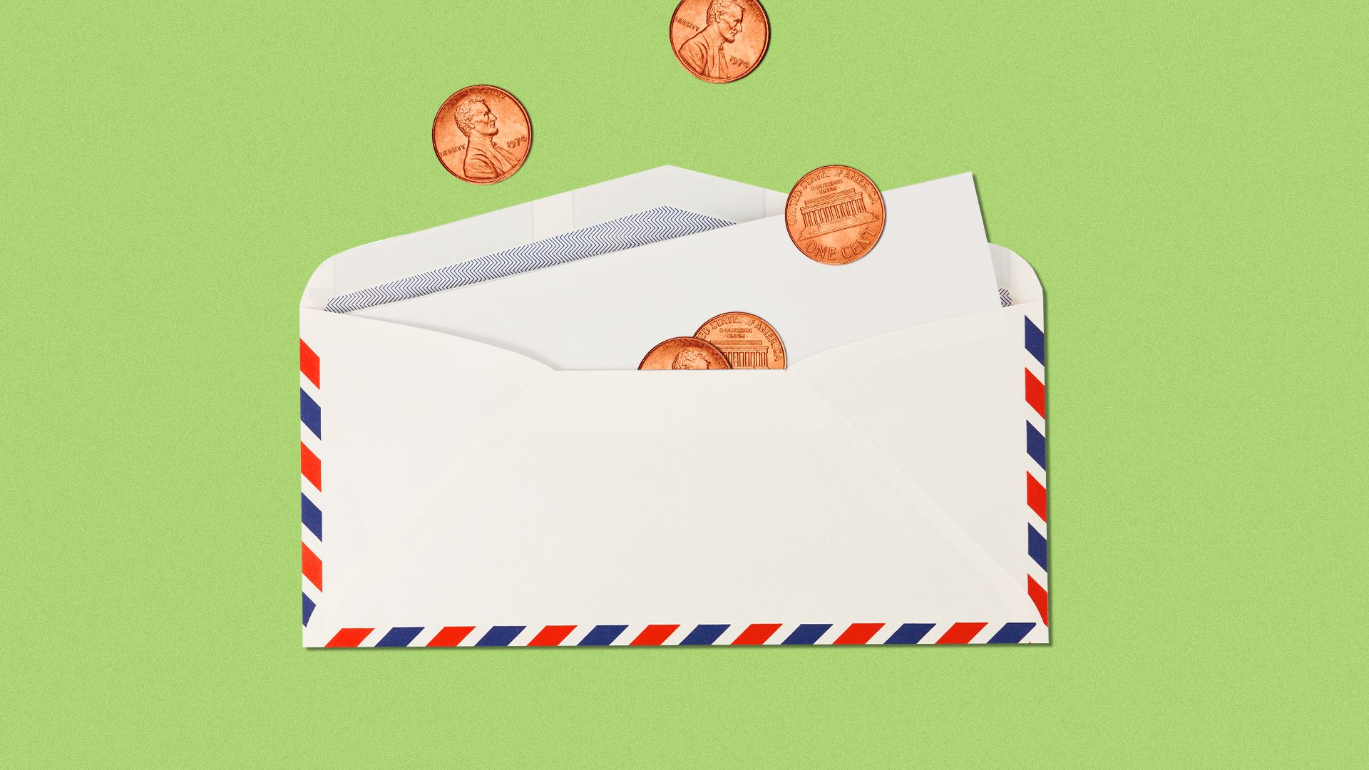 Illustration of an airmail envelope with pennies and a note coming out.