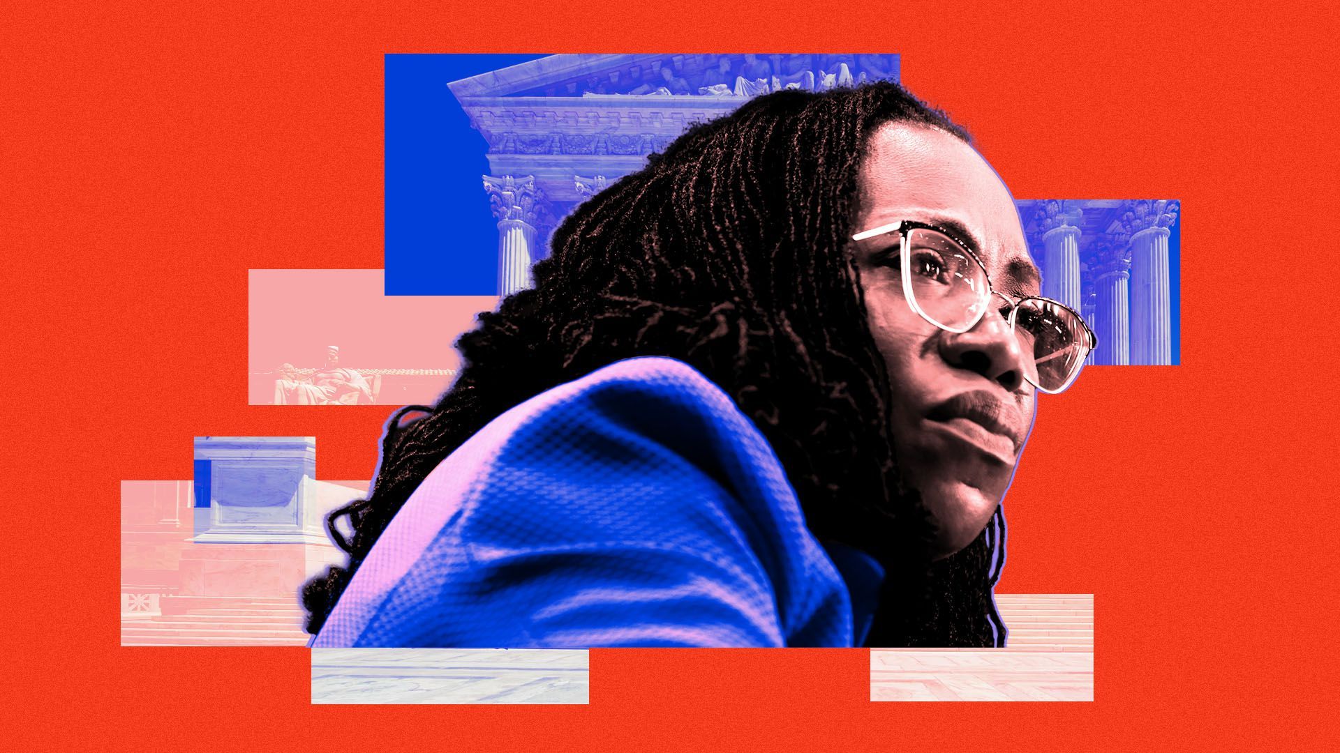 Photo illustration of Ketanji Brown Jackson surrounded by shapes and image of the Supreme Court building