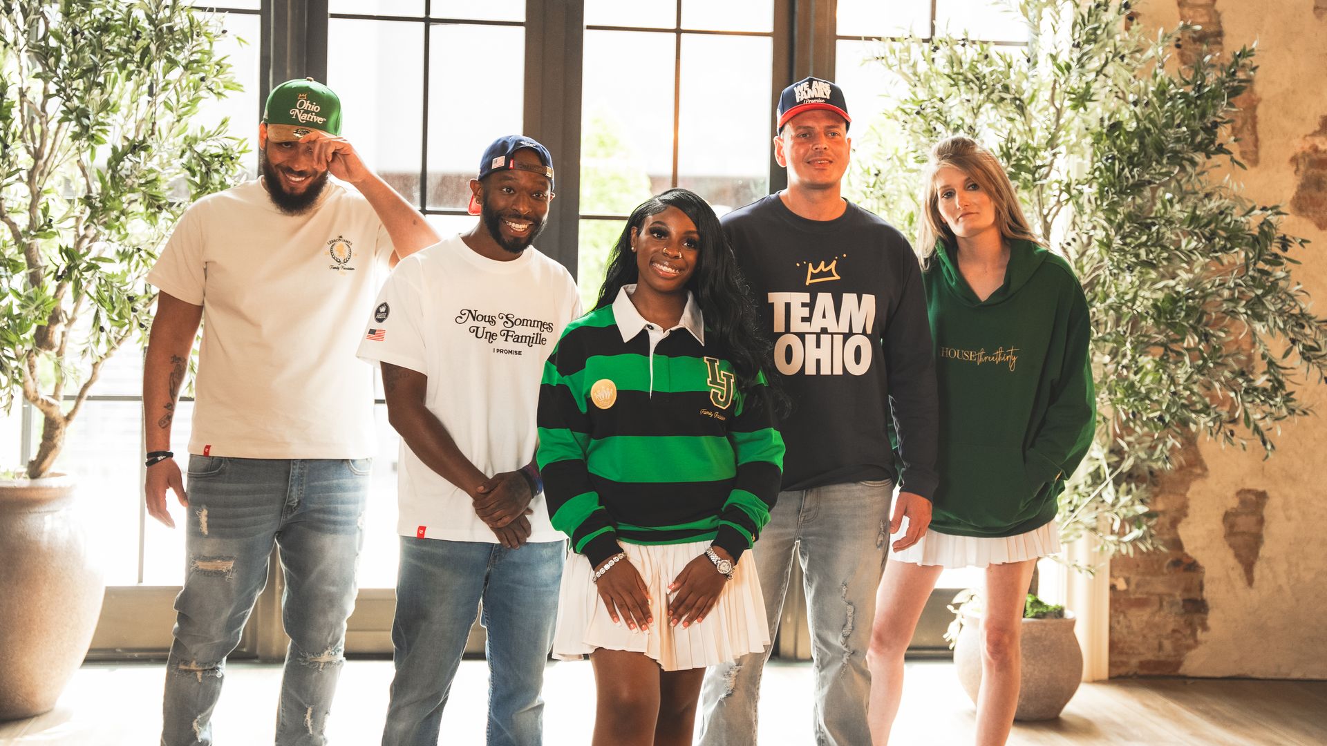 Five people model new clothing items with "Team Ohio" and "Ohio Native" branding