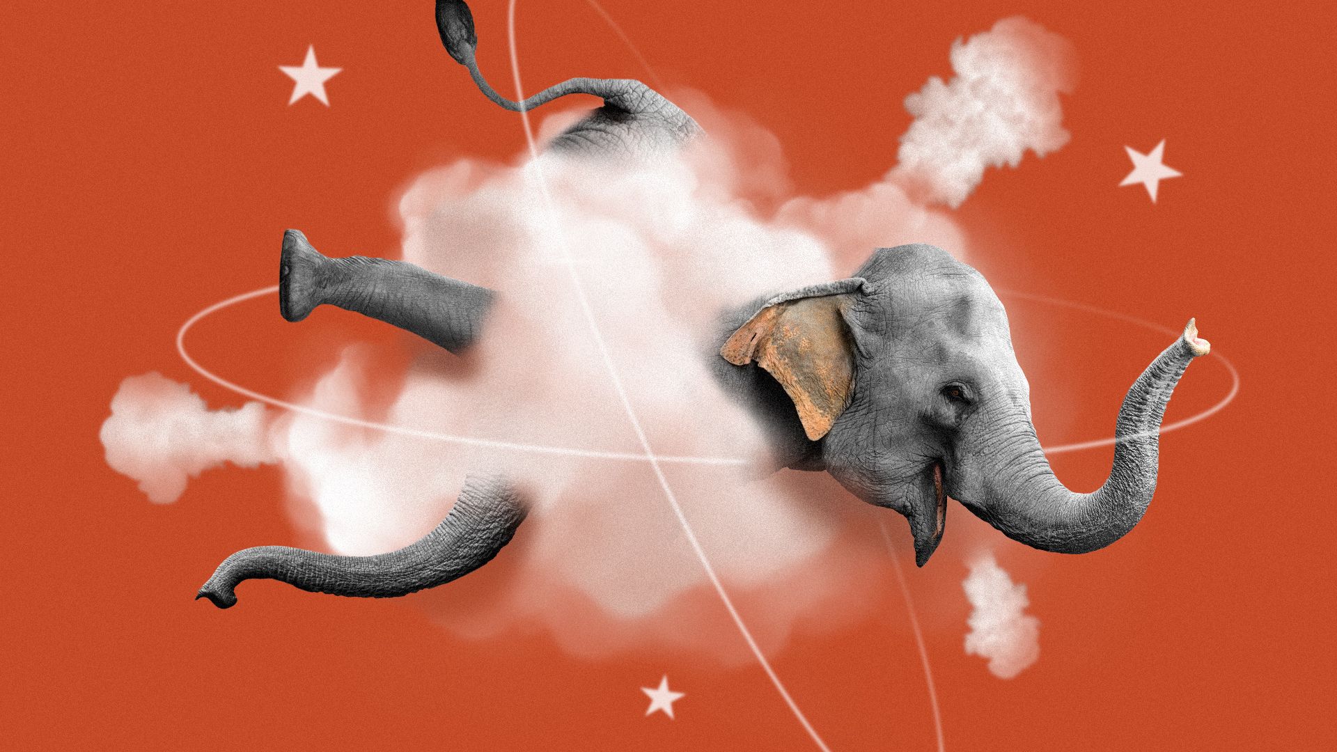 Illustrations of elephants fighting each other in a cloud surrounded by stars.