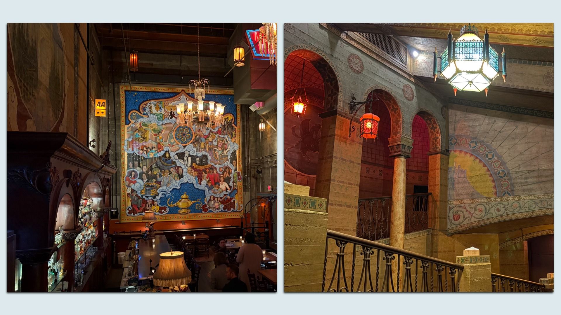 Two-panel cafe/restaurant interior: left side features a large colorful mural with people under chandeliers above a bar; right side shows arches, tiled walls, pillars, and a bright hanging lantern.