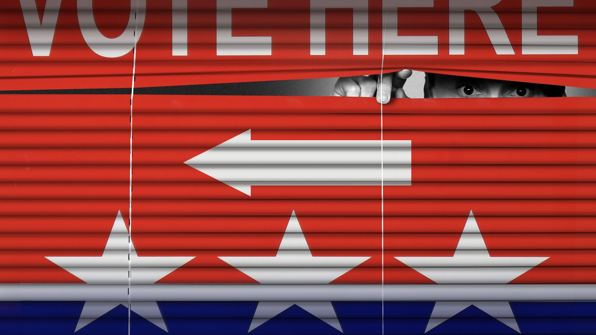 Illustration of a man peeking out behind blinds in the form of a "vote here" sign with a leftward facing arrow
