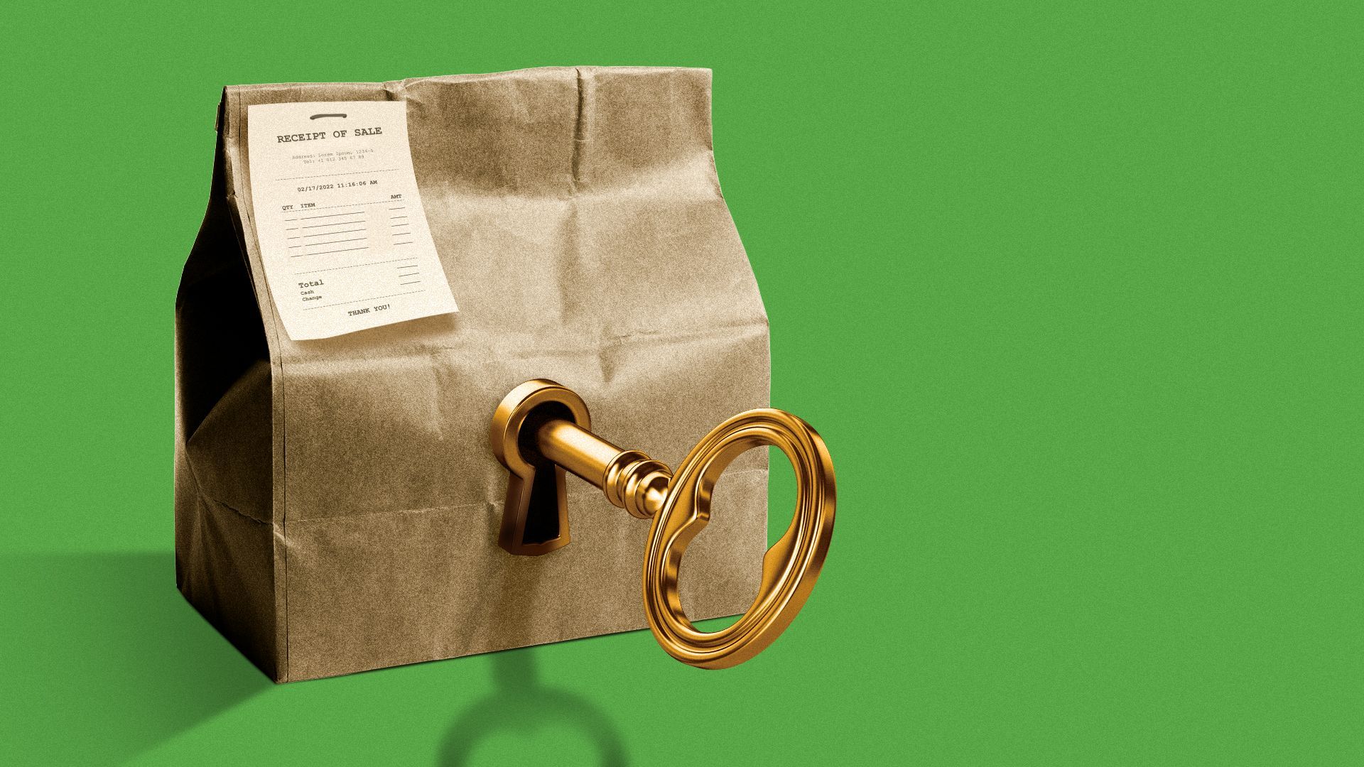 Illustration of a key in a keyhole on a takeout bag.