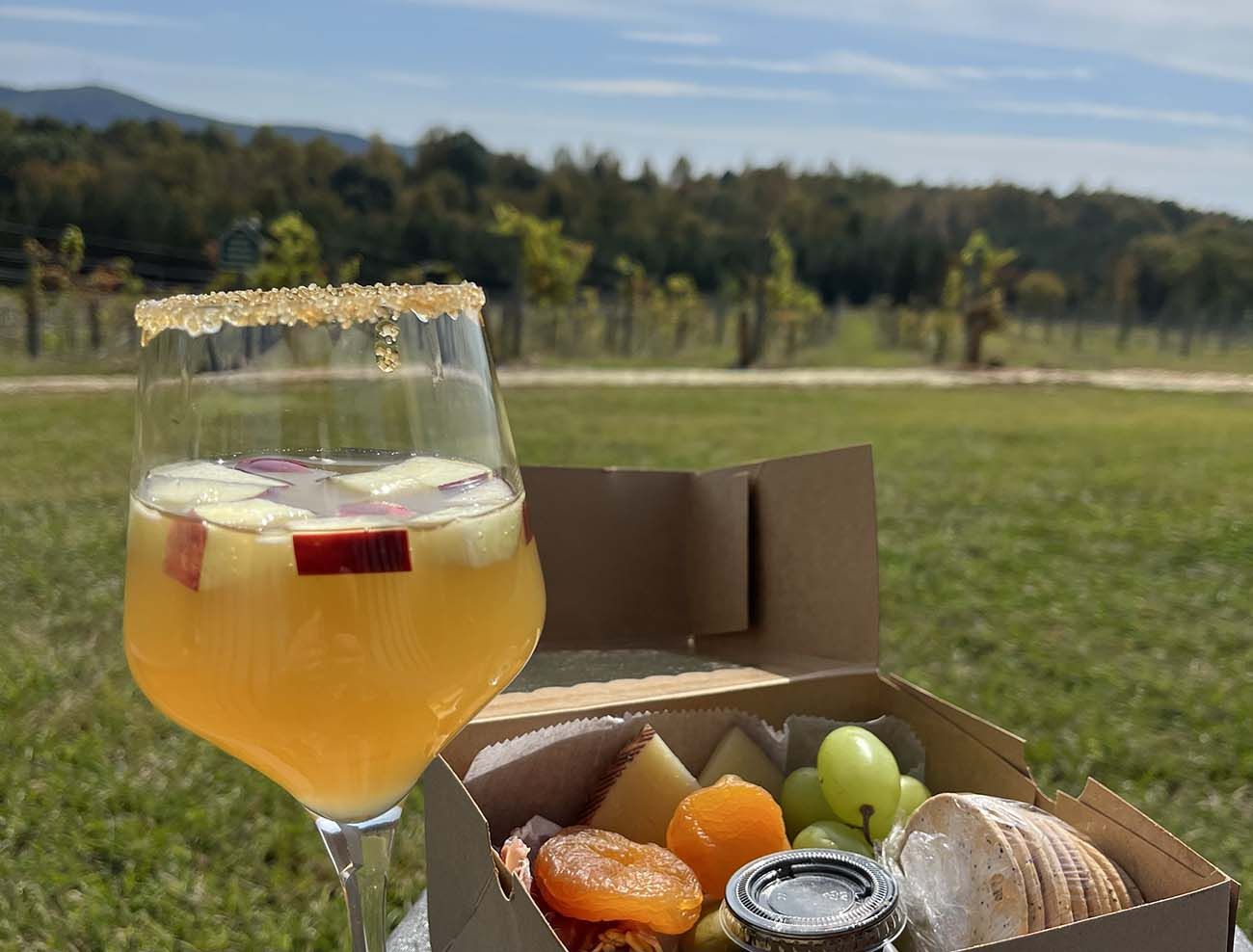 Wine glass with apple slices and a sugary rim, next to a picnic box containing cheese, dried apricots, green grapes, round crackers, and a small jar, set outdoors in a grassy vineyard.