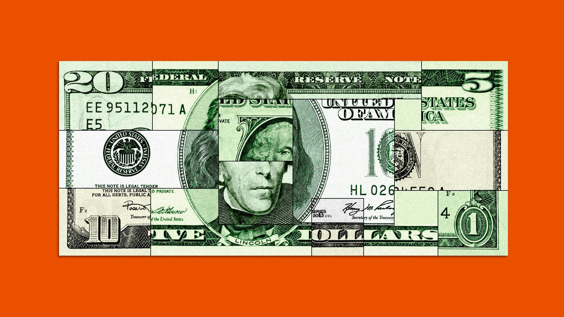 Illustration of a bill made up of different bill denominations.