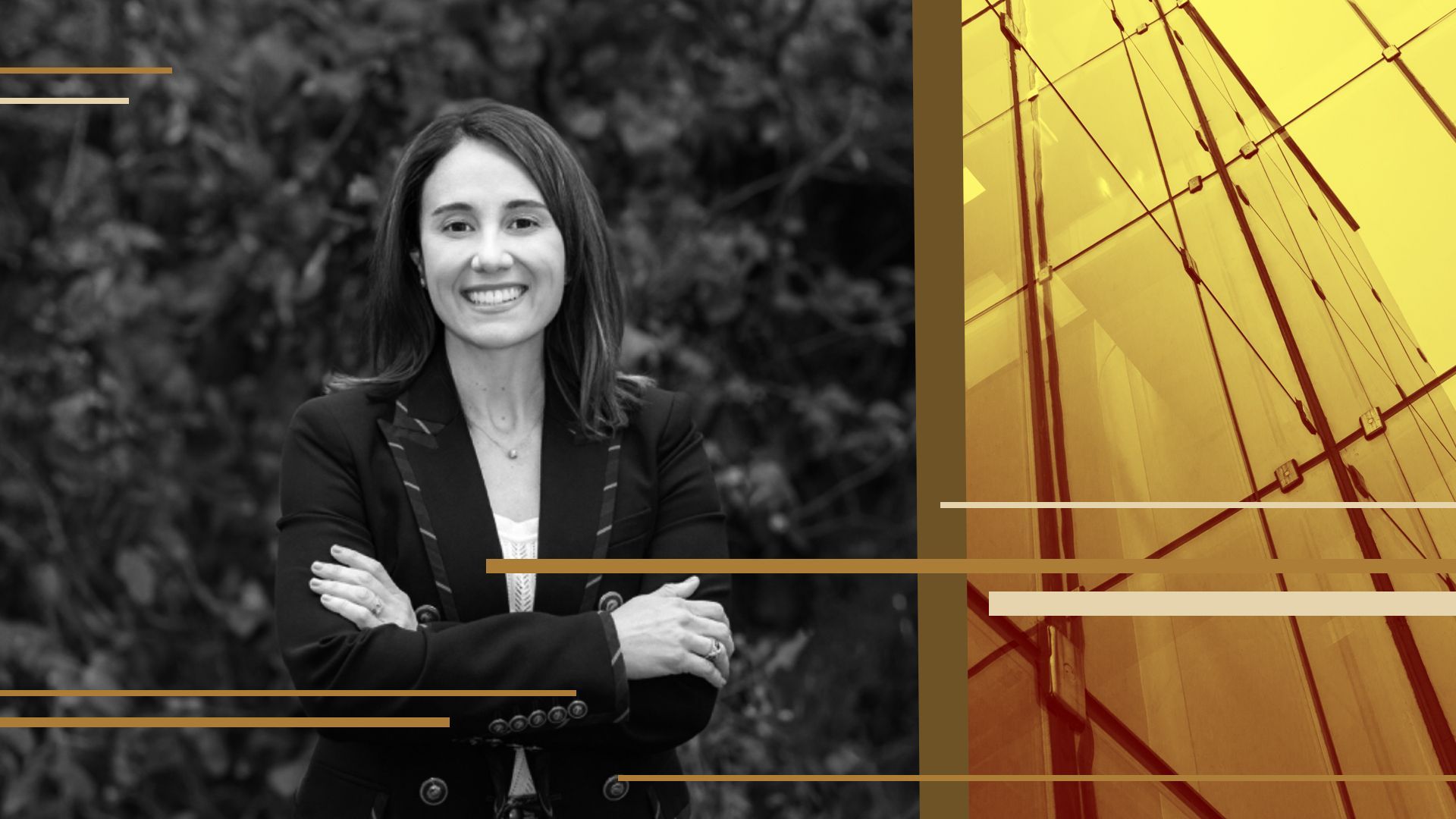 Photo illustration collage of Megan Noel surrounded by abstract shapes.