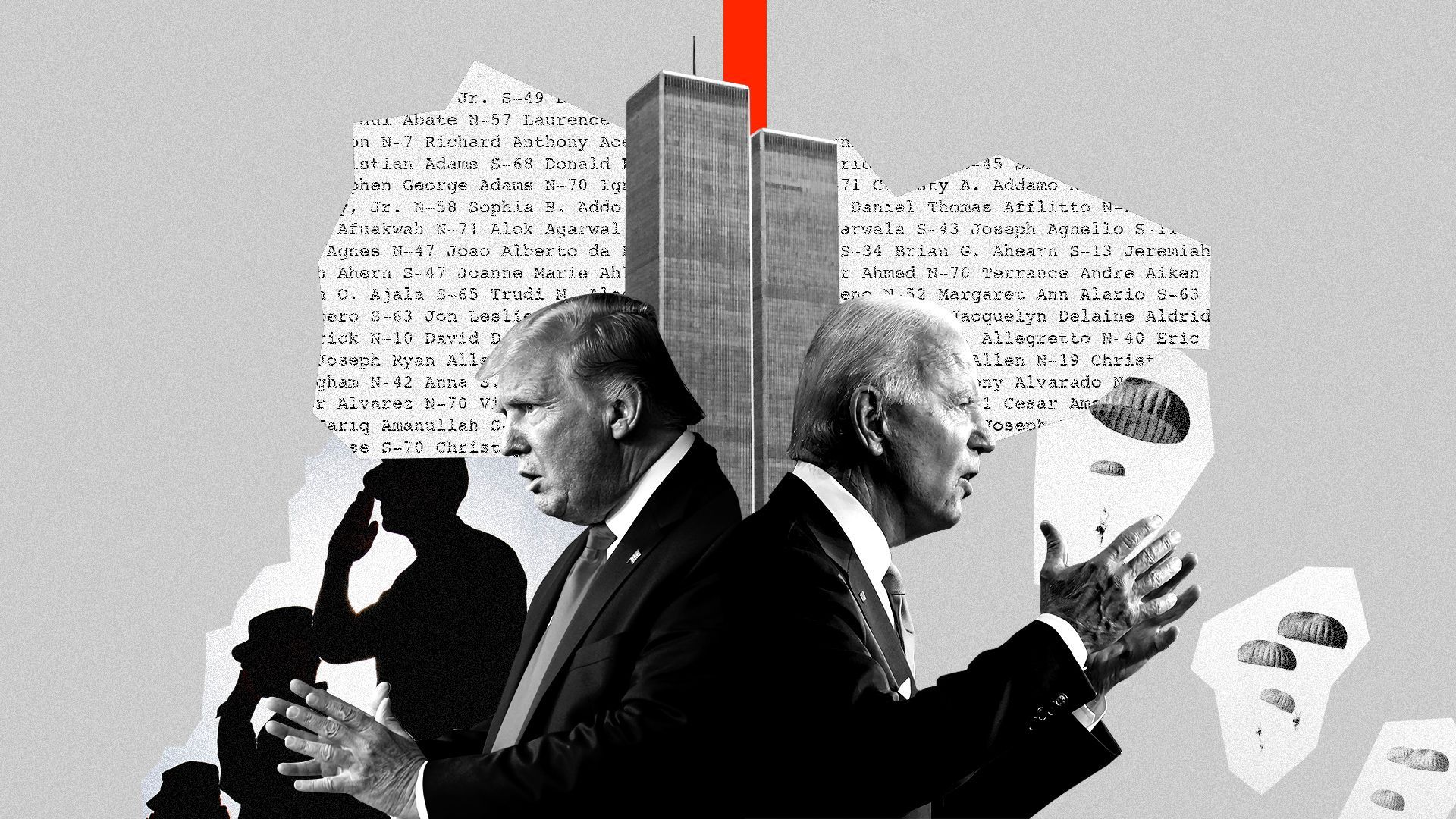 Photo illustration collage of President Trump, Joe Biden, the Twin Towers, and soldiers. 