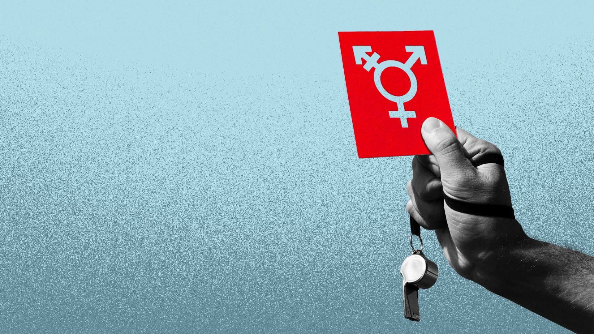 Illustration of a ref holding a whistle and a red penalty card with the transgender symbol on it.