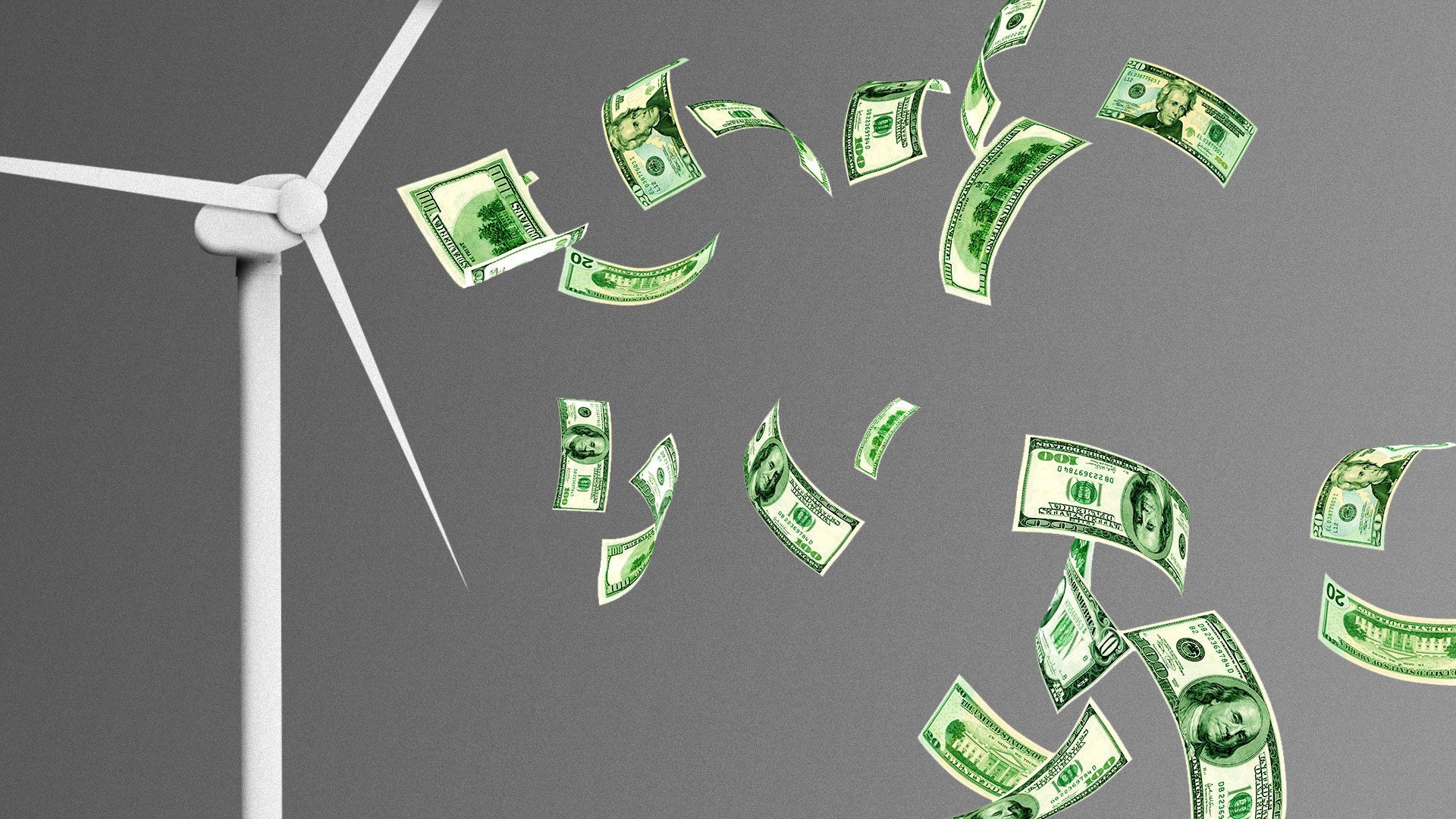 Illustration of a wind turbine blowing money