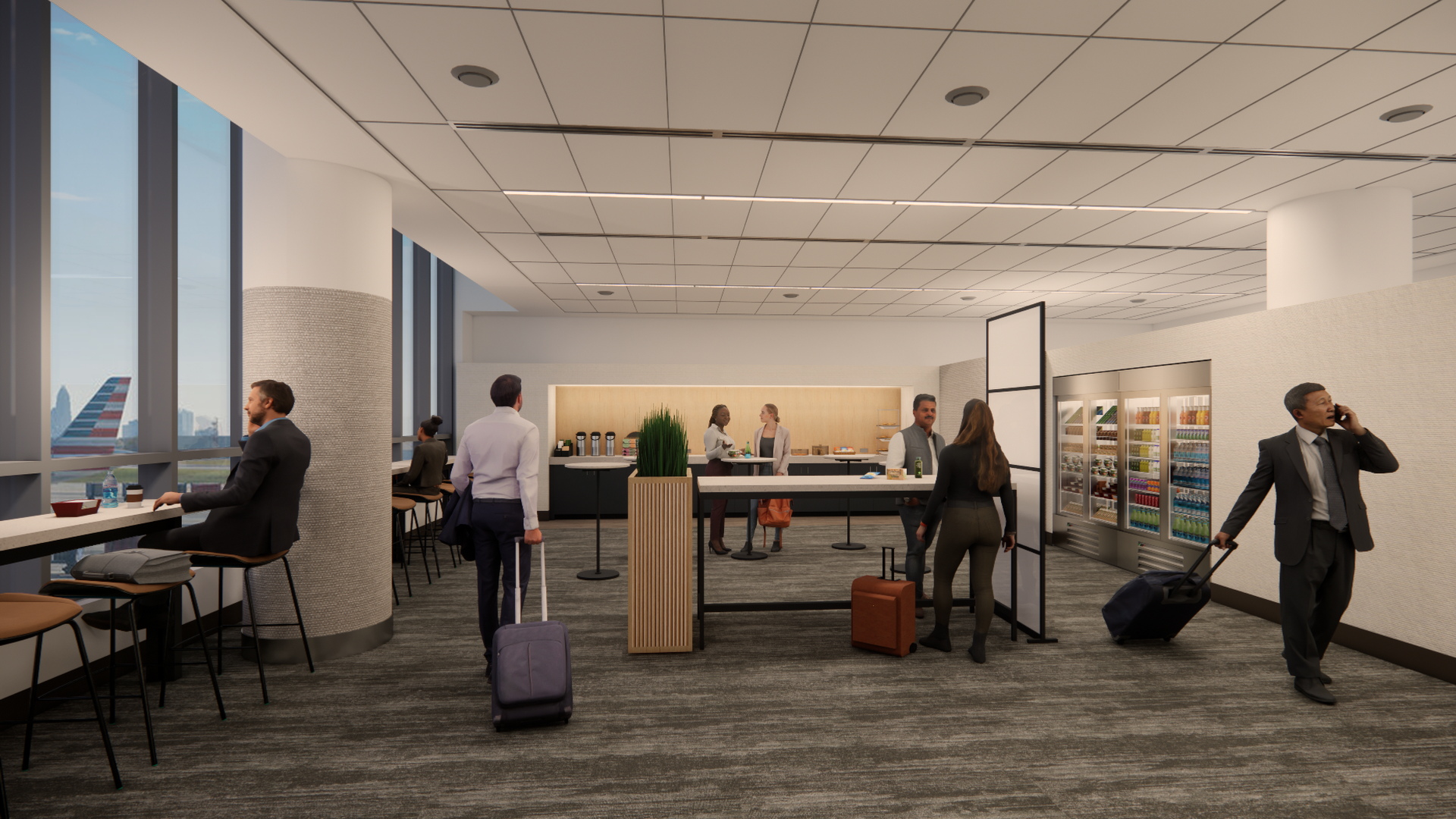 Rendering of a new American Airlines lounge at CLT. You can see the Charlotte skyline from the window.