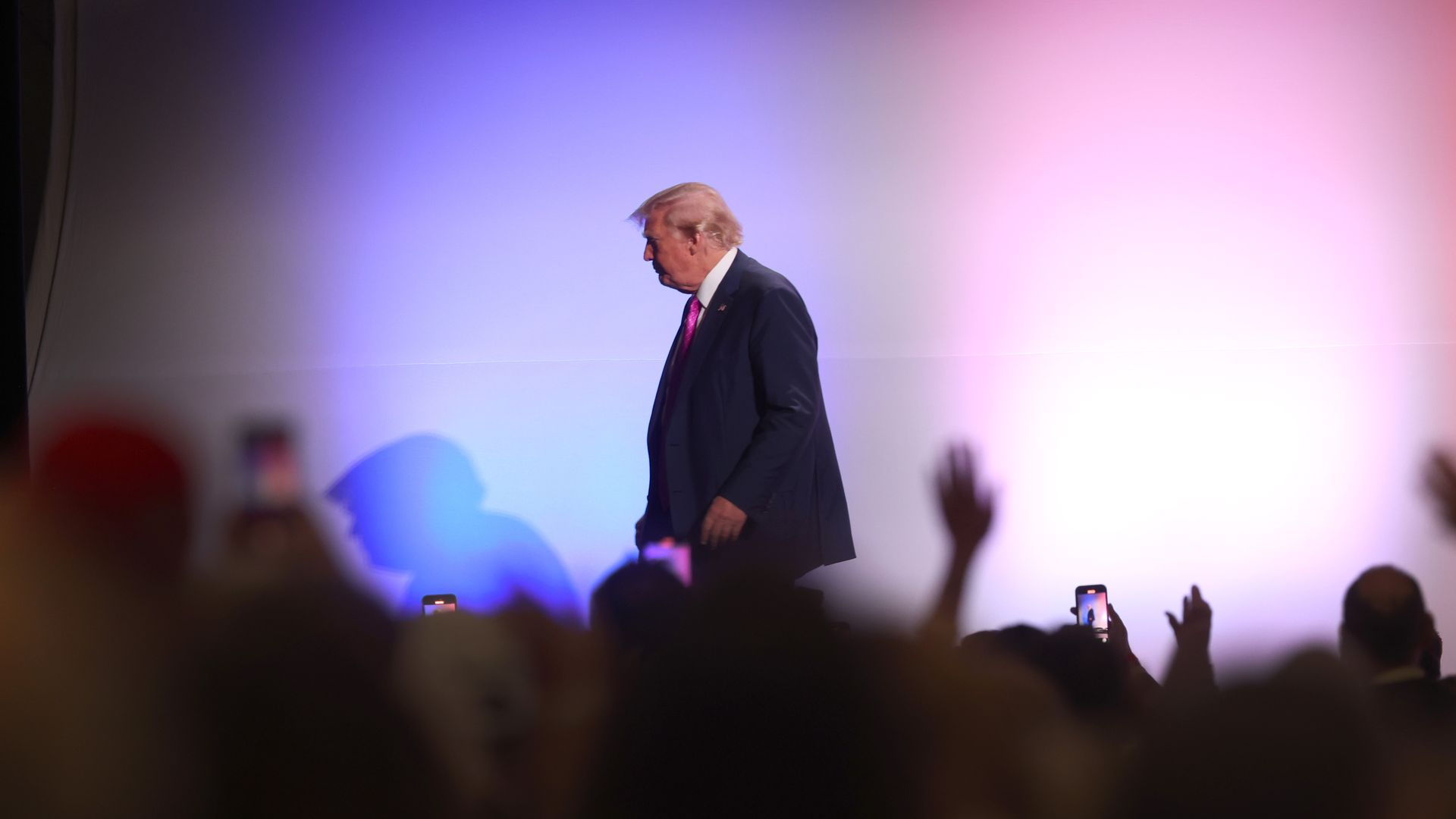 Former President Donald Trump departs after speaking at the Oakland County Republican Party's Lincoln Day dinner at Suburban Collection Showplace on June 25, 2023 in Novi, Michigan.