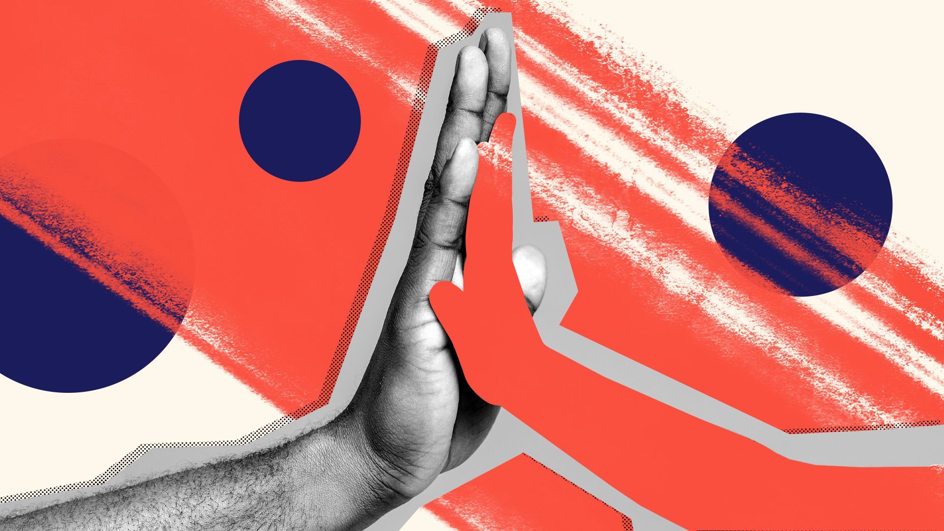 Illustration of an adult hand and a child hand touching, the child's hand is cut out. 