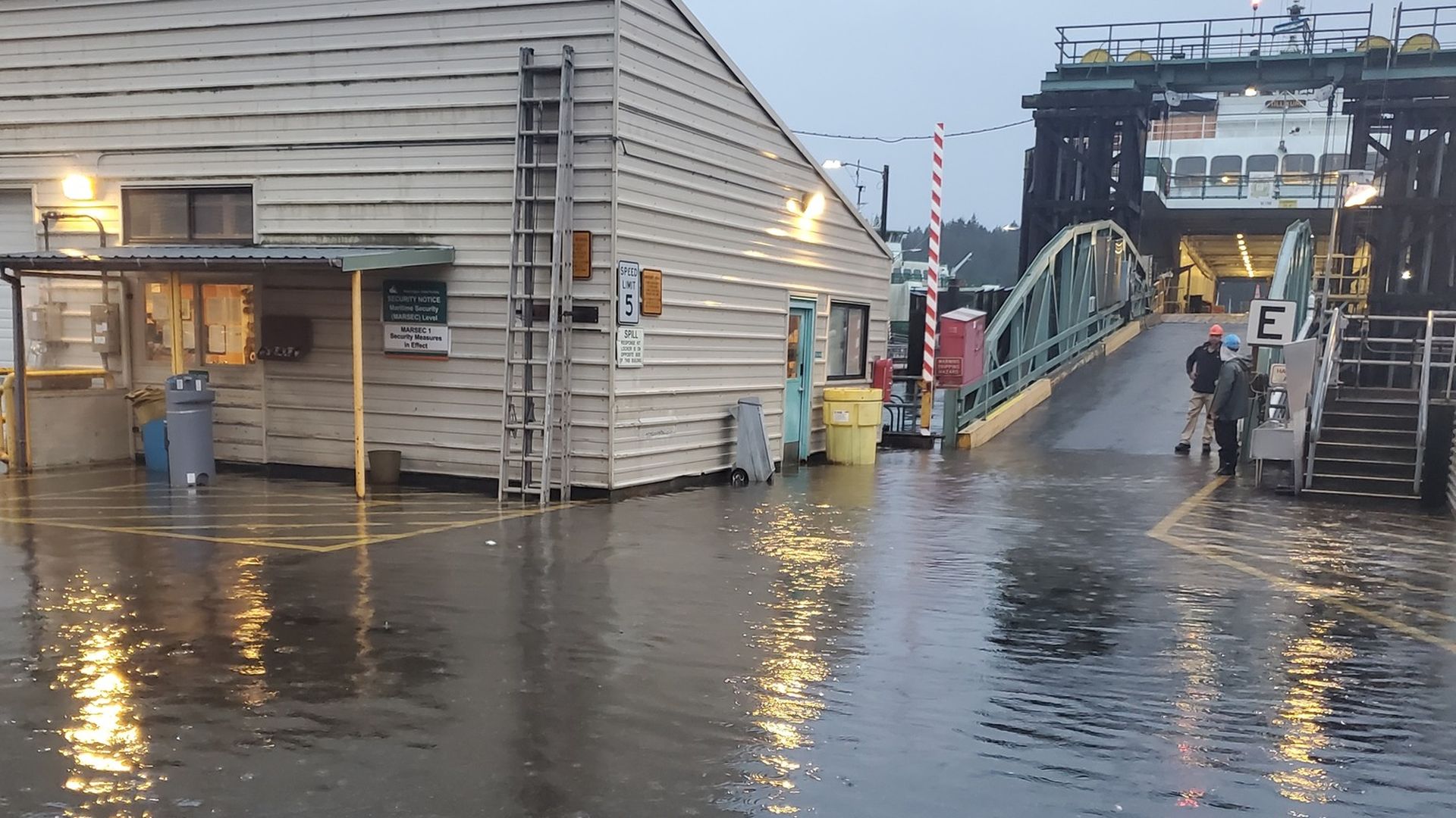 High water affecting Washington State Ferries' facilities Eagle Harbor at Bainbridge Island, Washington.