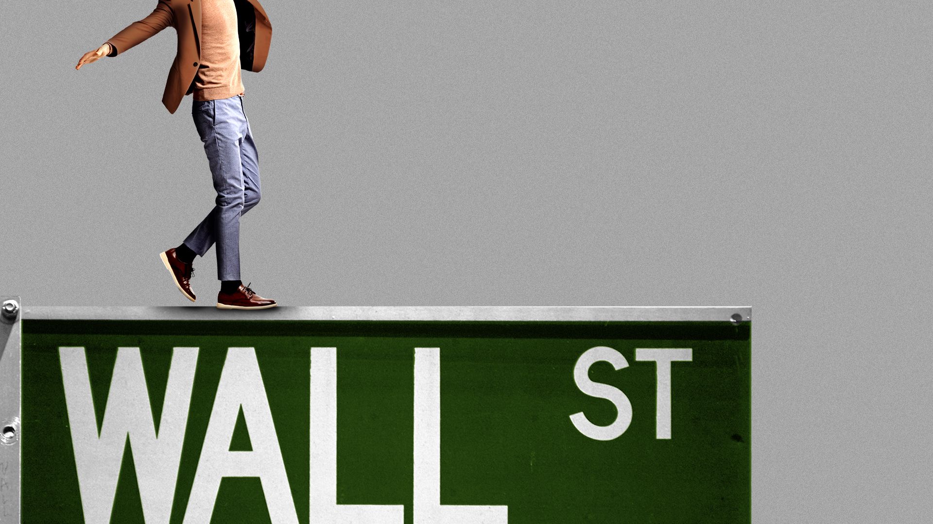 Illustration of a person balancing as they walk across a giant version of the Wall Street sign