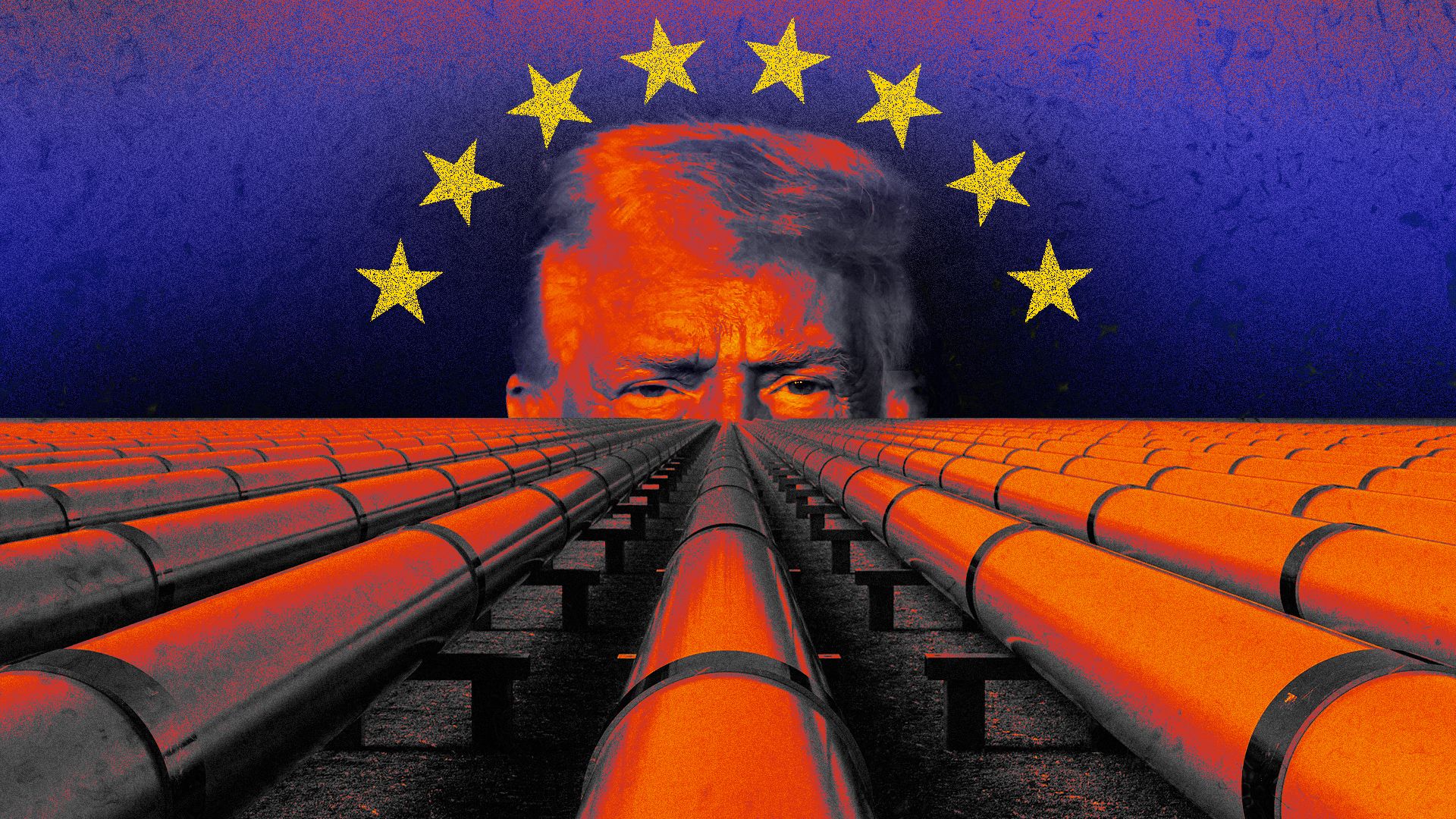 Photo illustration of President Trump with stars from the Venezuelan flag hovering over his head. The bottom half of the image is of oil lines converging into the background towards Trump's portrait.