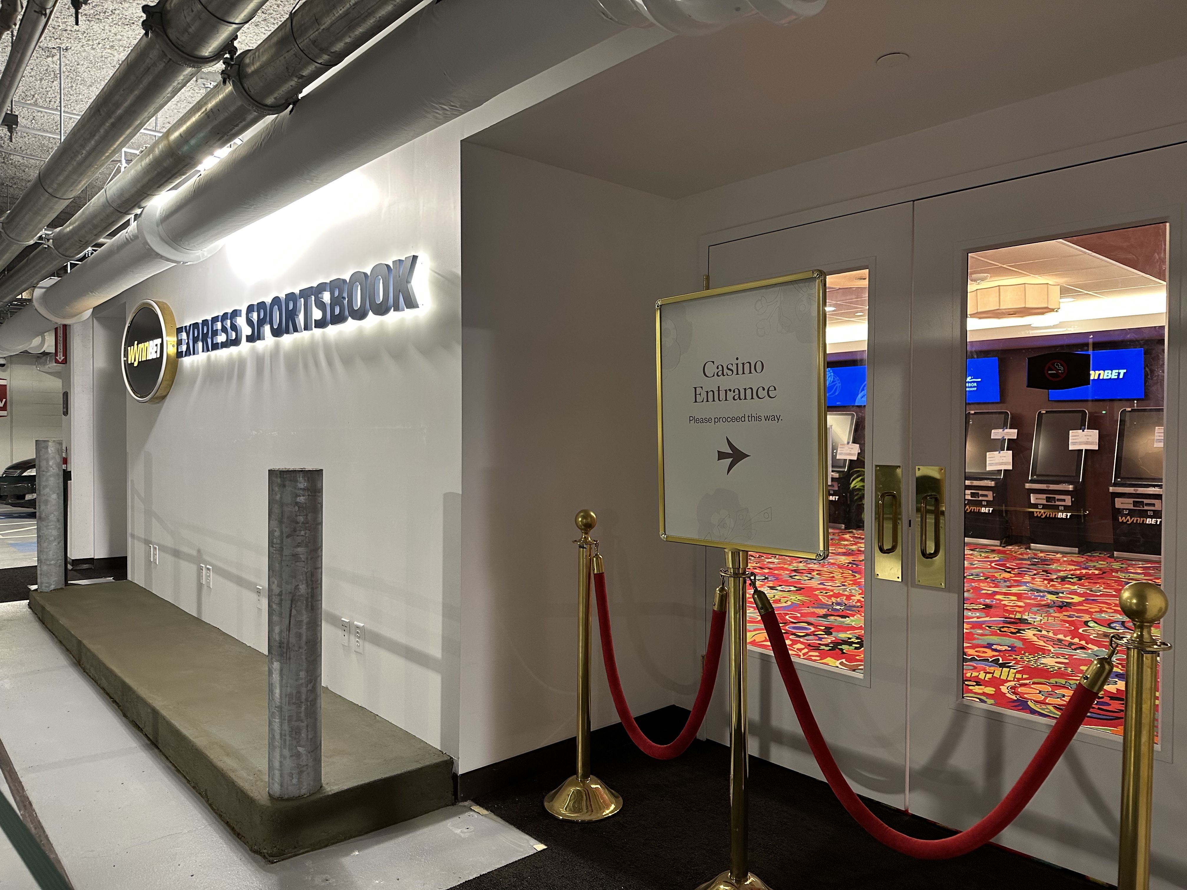 A room in Encore's parking lot has kiosks inside and is called the "WynnBET express sportsbook." It's currently roped off until the Jan. 31 in-person sports betting launch.