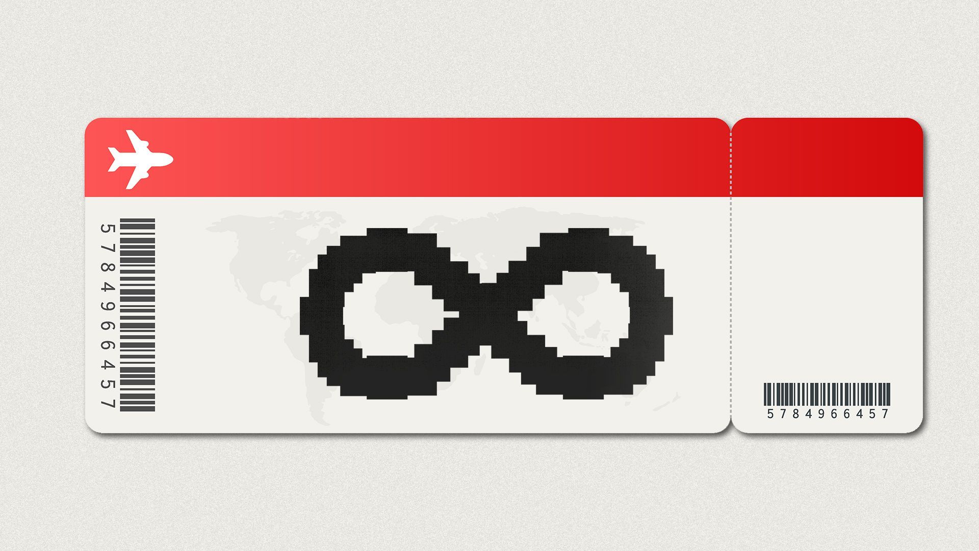 Illustration of an airline ticket with a large infinity sign printed on the front