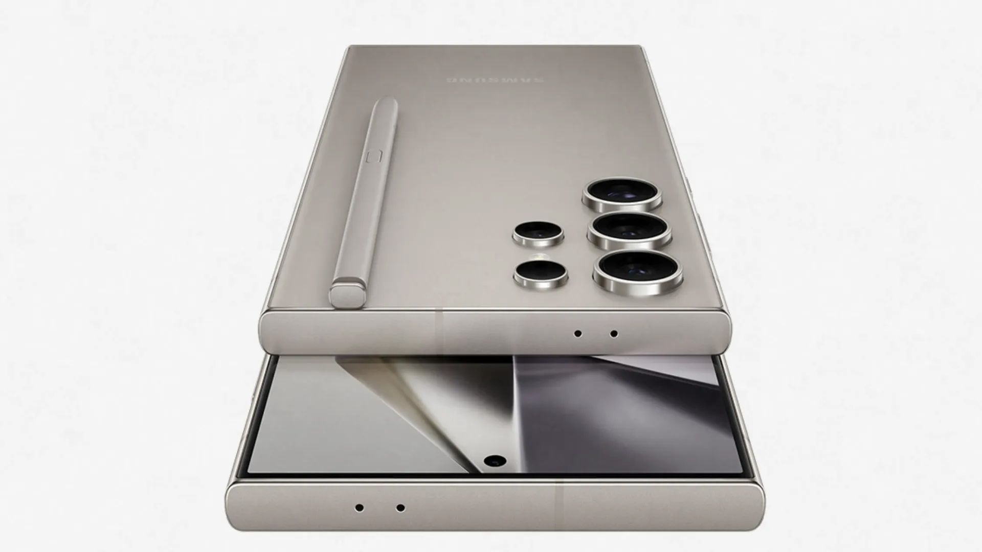 Photo of back and part of the front of new Samsung phone in silver gray