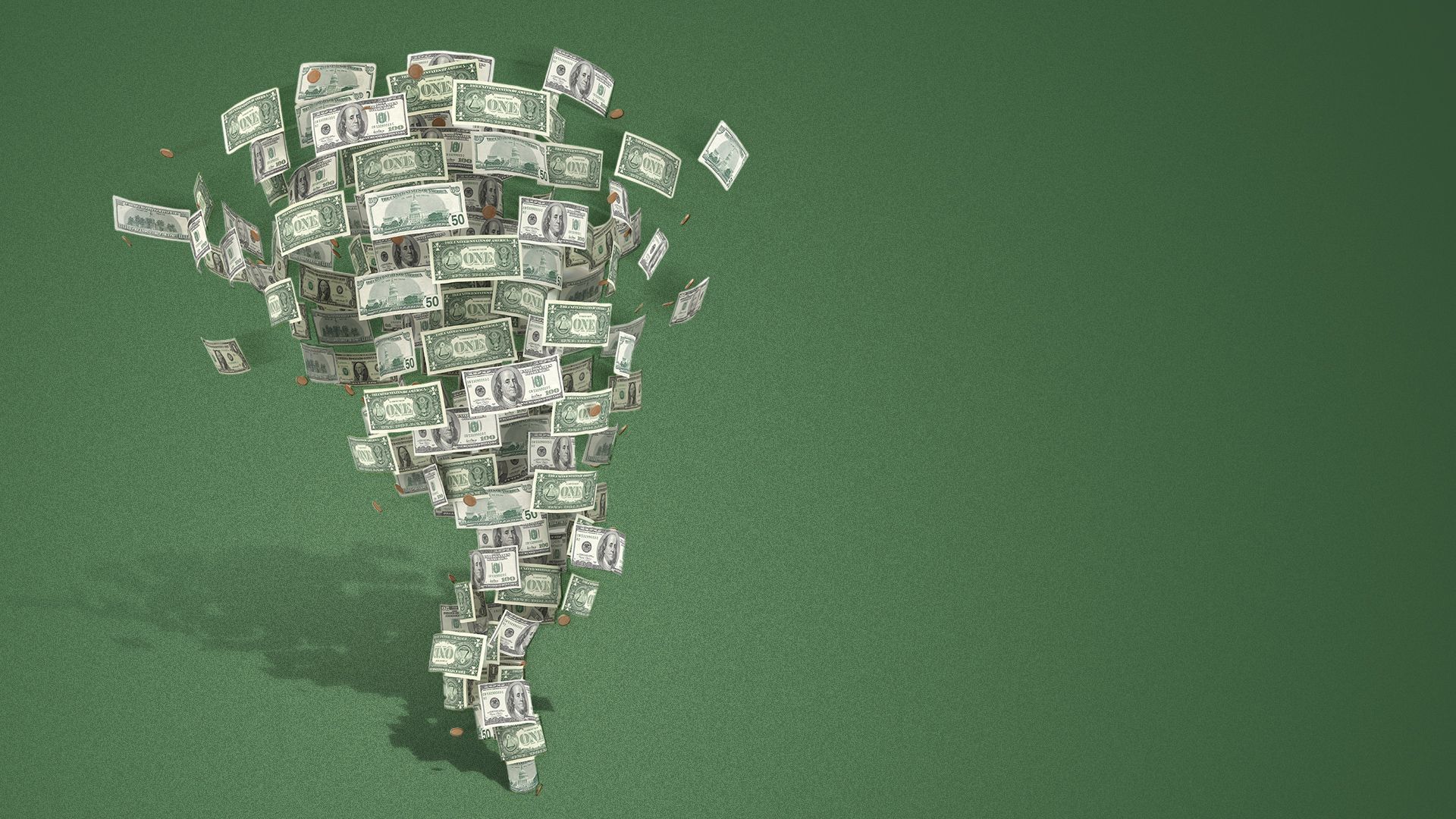 Illustration of a tornado made of money.