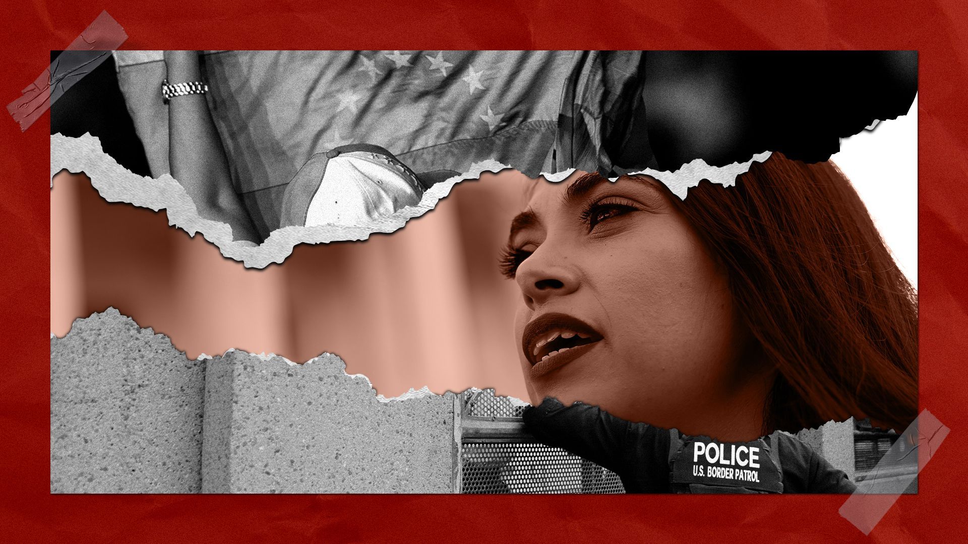 Photo illustration of Rep. Mayra Flores, between two images, one of a woman holding an American and Venezuelan flag, and another of a border patrol officer. 