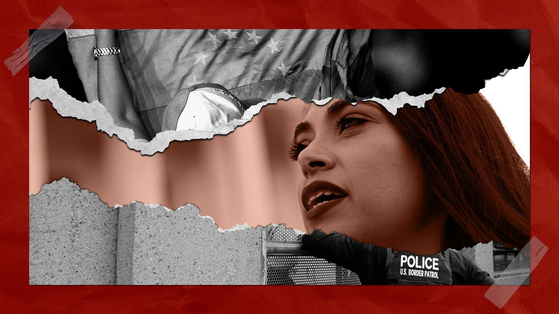 Photo illustration of Rep. Mayra Flores, between two images, one of a woman holding an American and Venezuelan flag, and another of a border patrol officer.