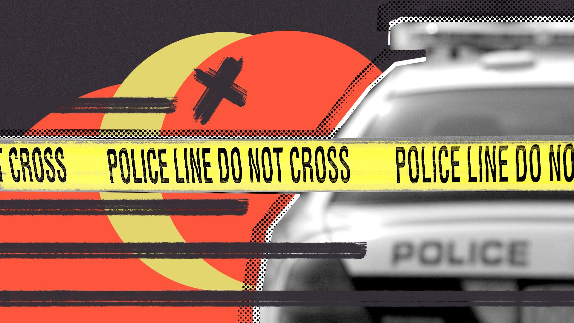 Illustration collage of a police car behind yellow police tape, surrounded by graphic shapes.