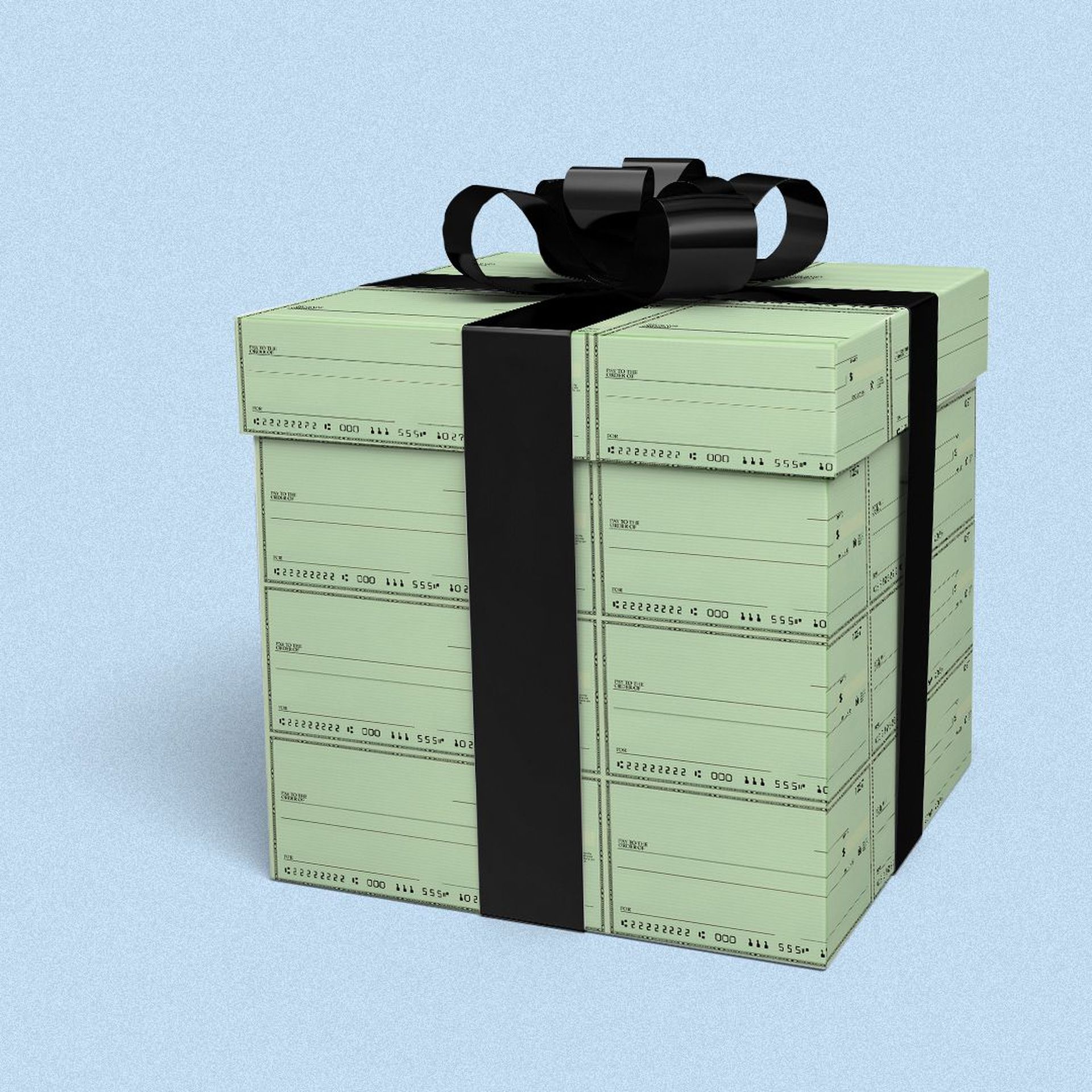Illustration of a package wrapped in blank checks. 