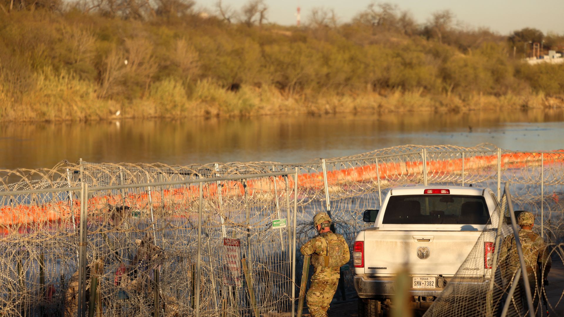  US Army soldiers patrol the US-Mexico border at Eagle Pass, Texas, on January 24, 2025. 
