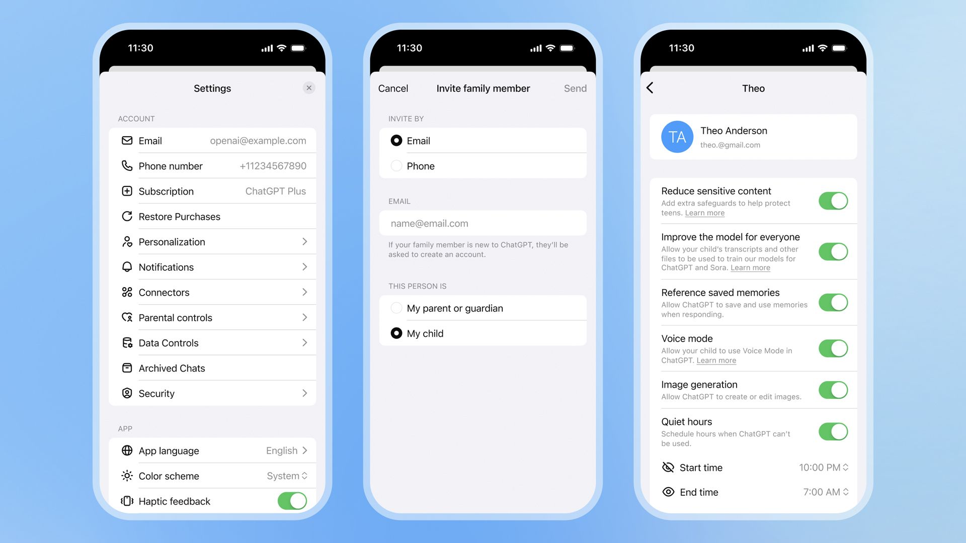 Three smartphone screens showing ChatGPT parental controls and settings: account info, inviting a child by email, and toggles for sensitive content, voice, image generation, and quiet hours.