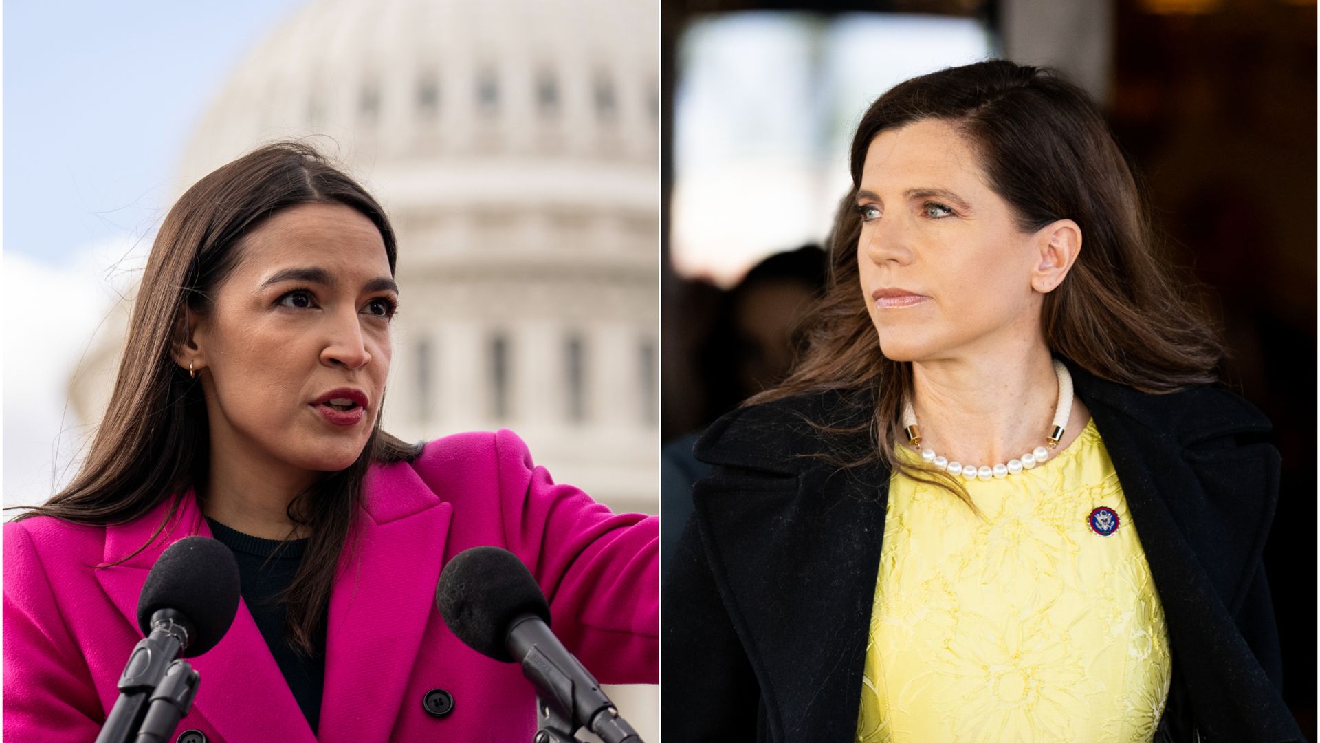 Photos of Alexandria Ocasio-Cortez speaking on the left and Nancy Mace walking on the right