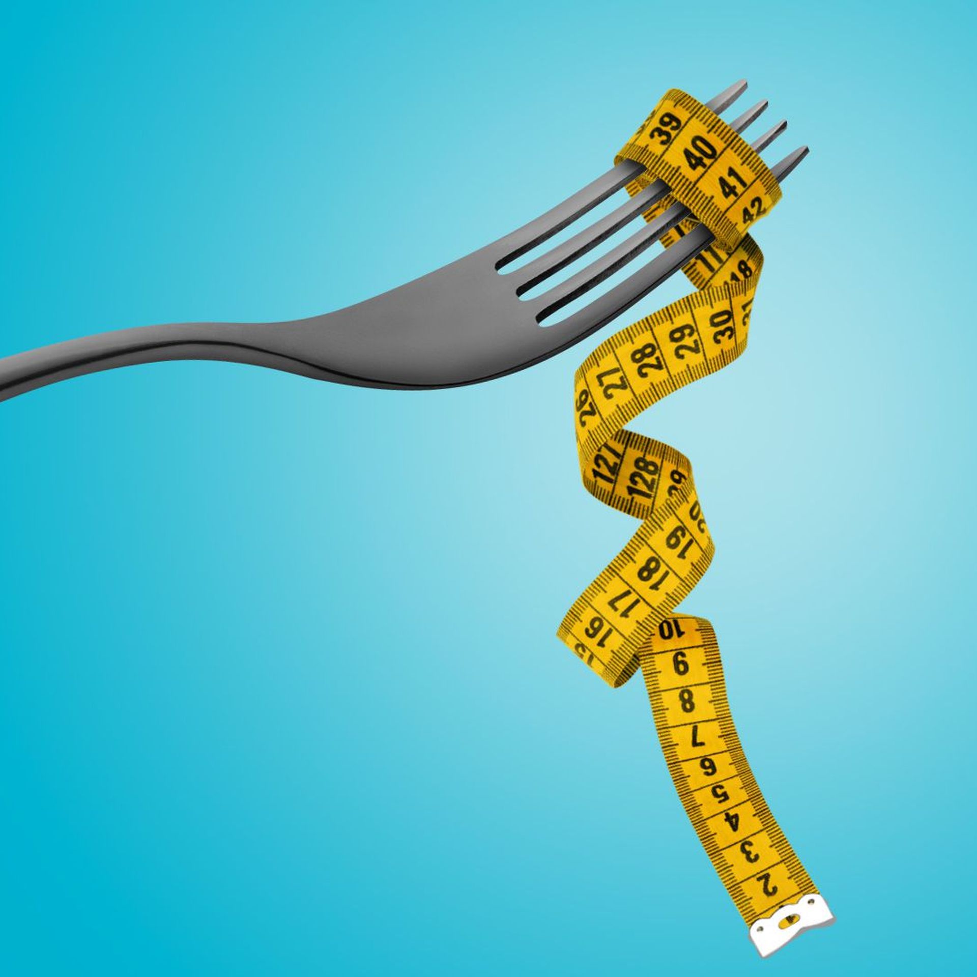 Illustration of a fork with measuring tape hanging off stylized as a noodle. 