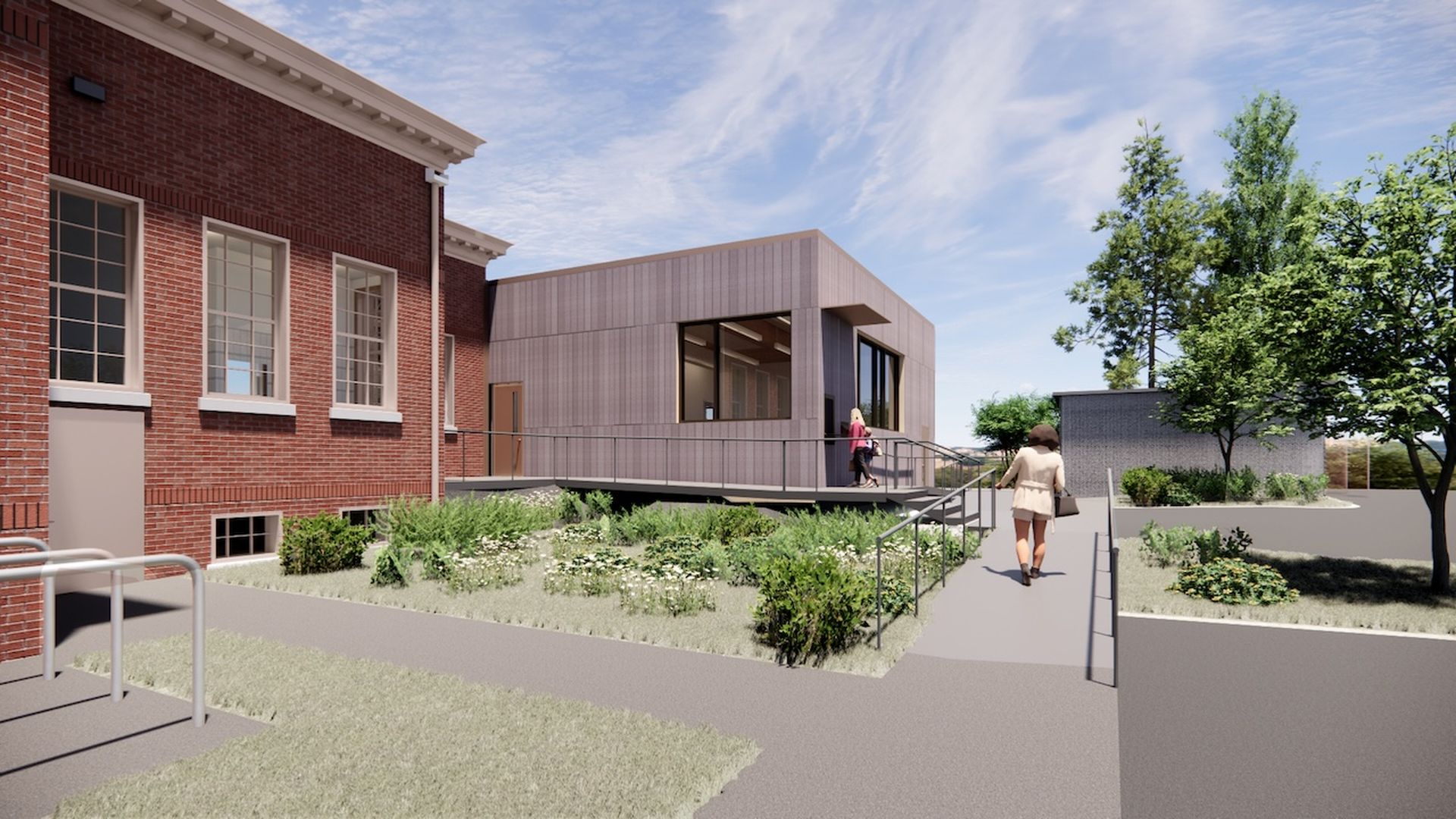 A rendering of a brick building with an additional building. 