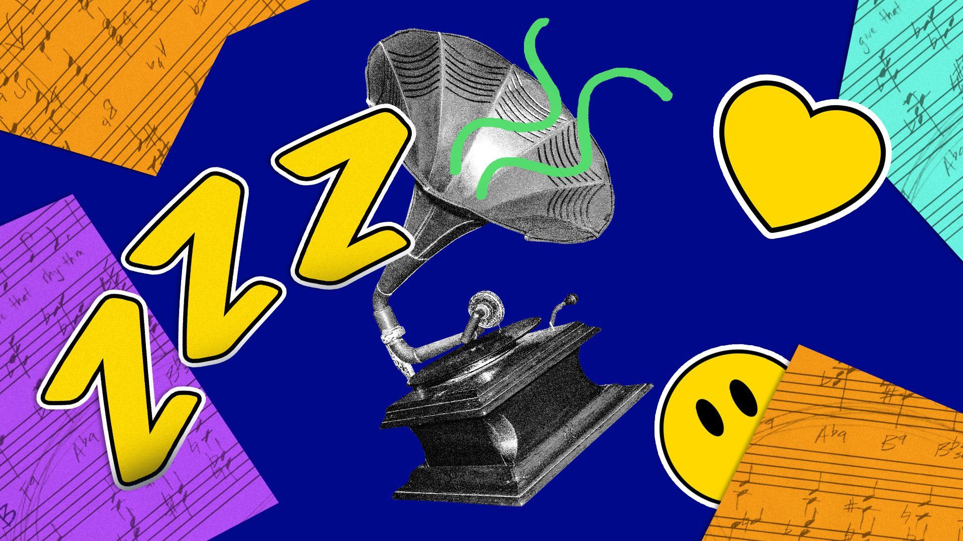 Illustration of a phonograph surrounded by sheet music and stickers in the shape of z's, a heart, and a smiley face