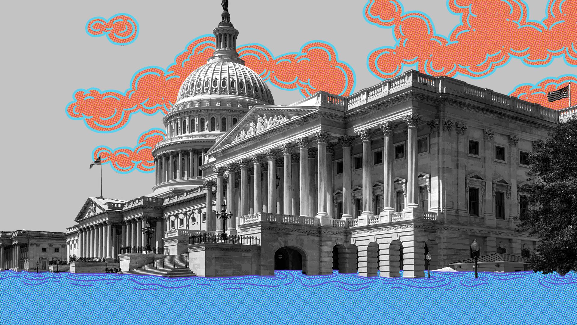 In this illustration, water fills up the ground outside the Capitol building.