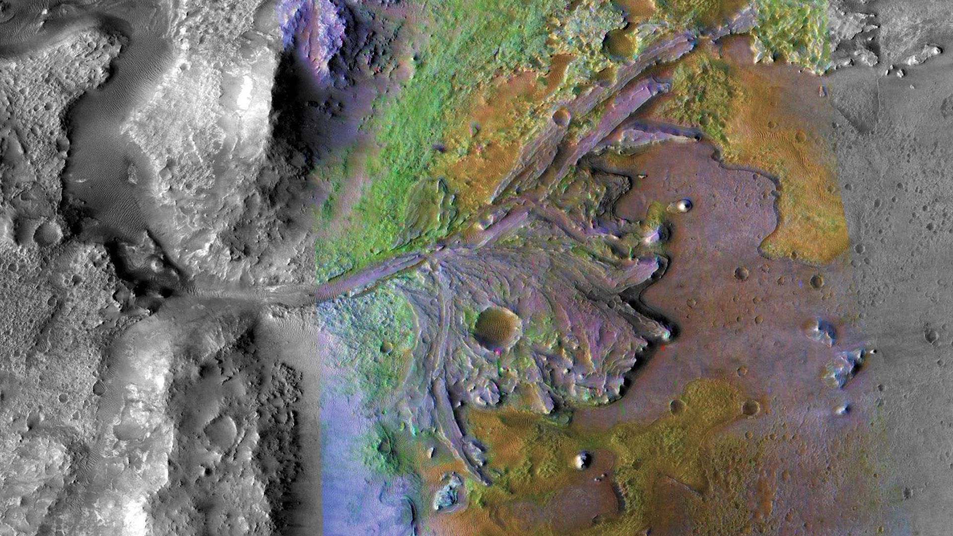 A false-color image of the Perseverance rover's landing site, Jezero Crater. The image shows a delta fanning out in purple, with other parts of the image shaded in grey, green and yellow.