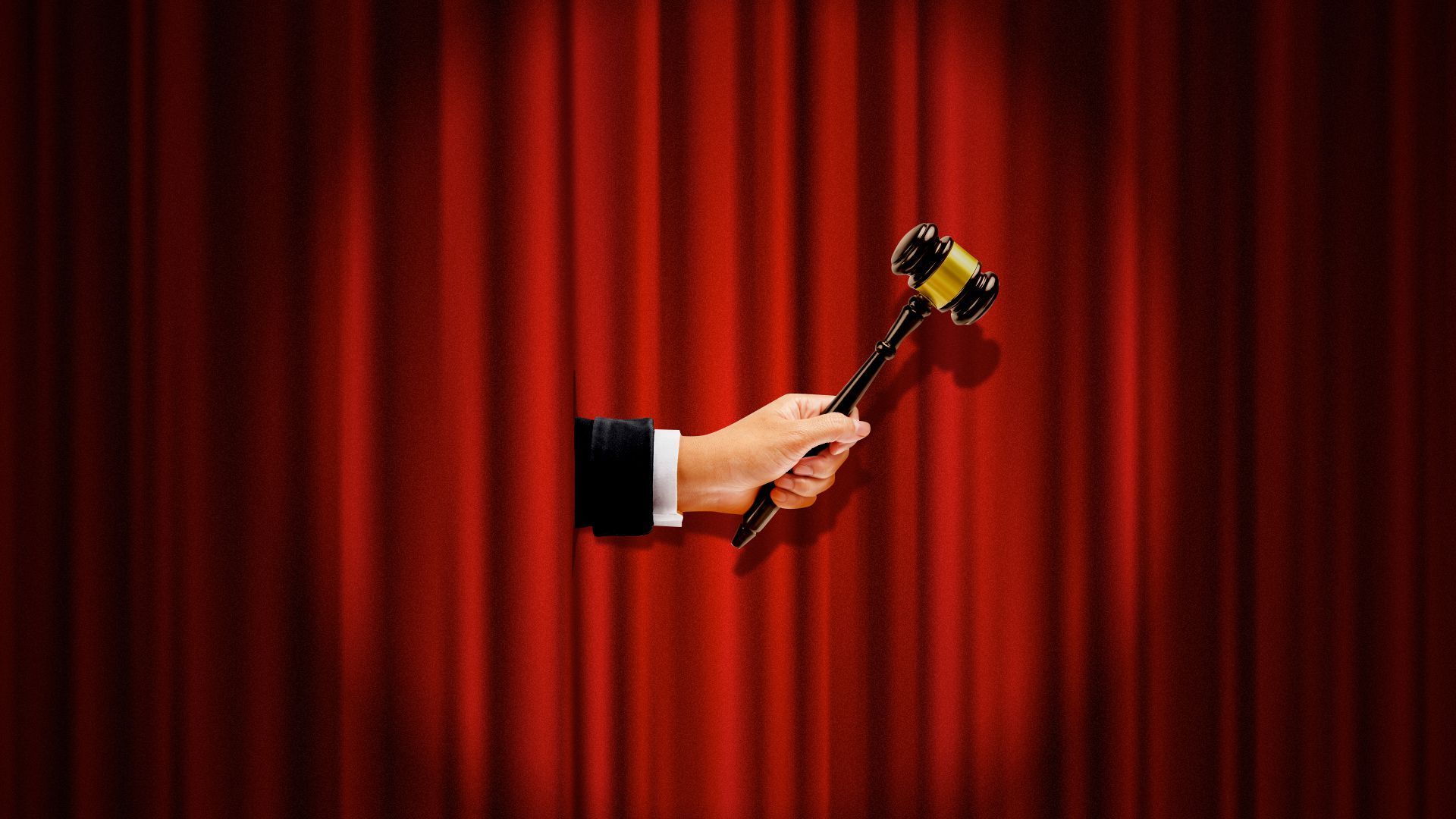 Illustration of a hand in a spotlight holding a gavel out from behind a red curtain. 