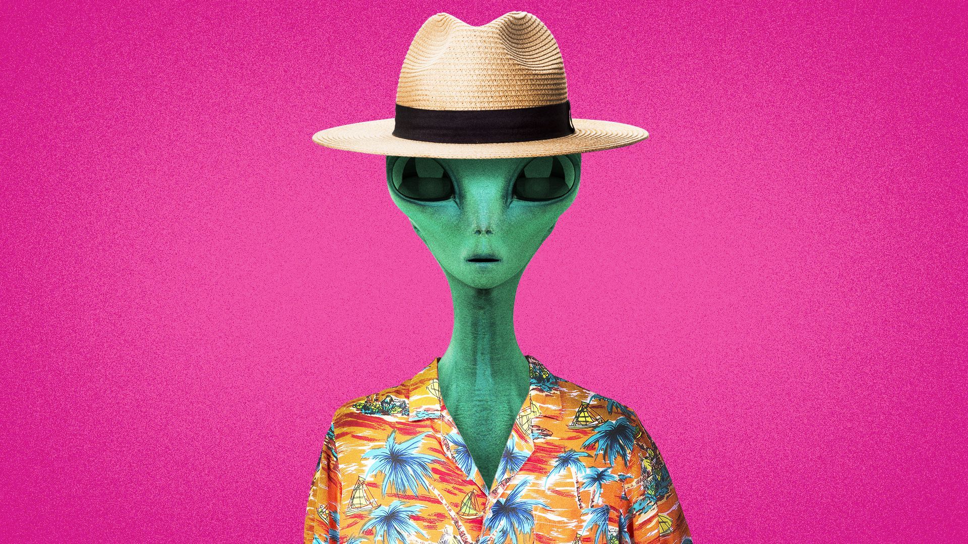 Illustration of an alien wearing a tropical outfit. 