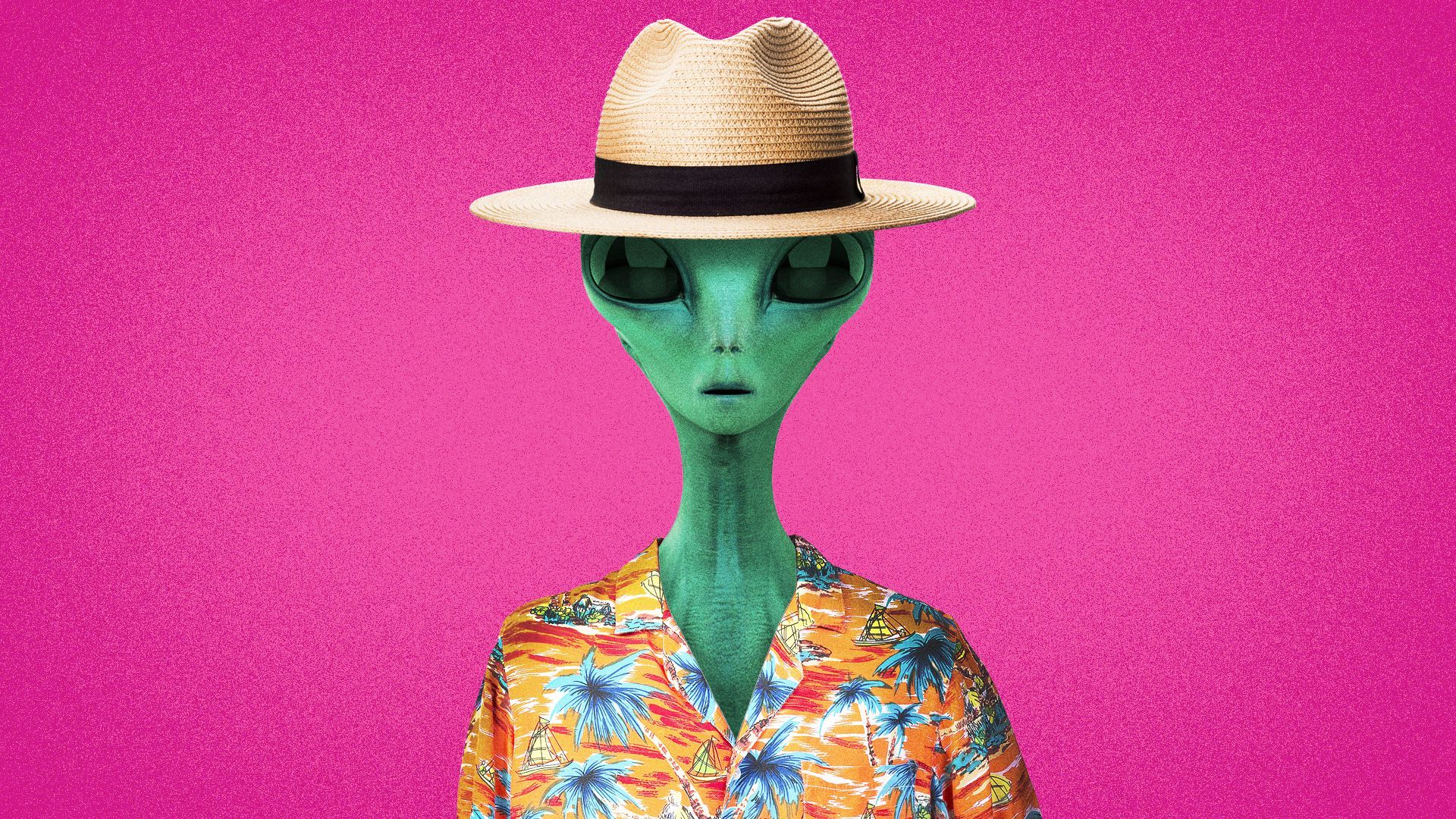Illustration of an alien wearing a tropical outfit.