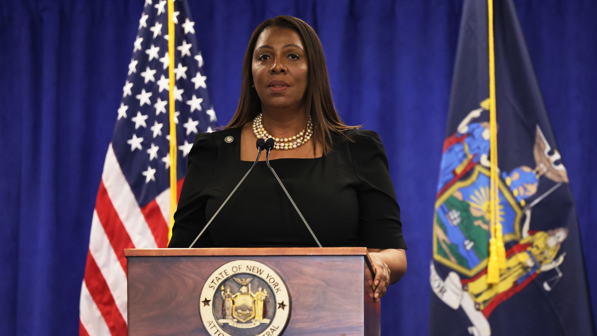 Attorney General Letitia James speaks during a press conference following a verdict against former U.S. President Donald Trump in a civil fraud trial on February 16, 2024 in New York City. 