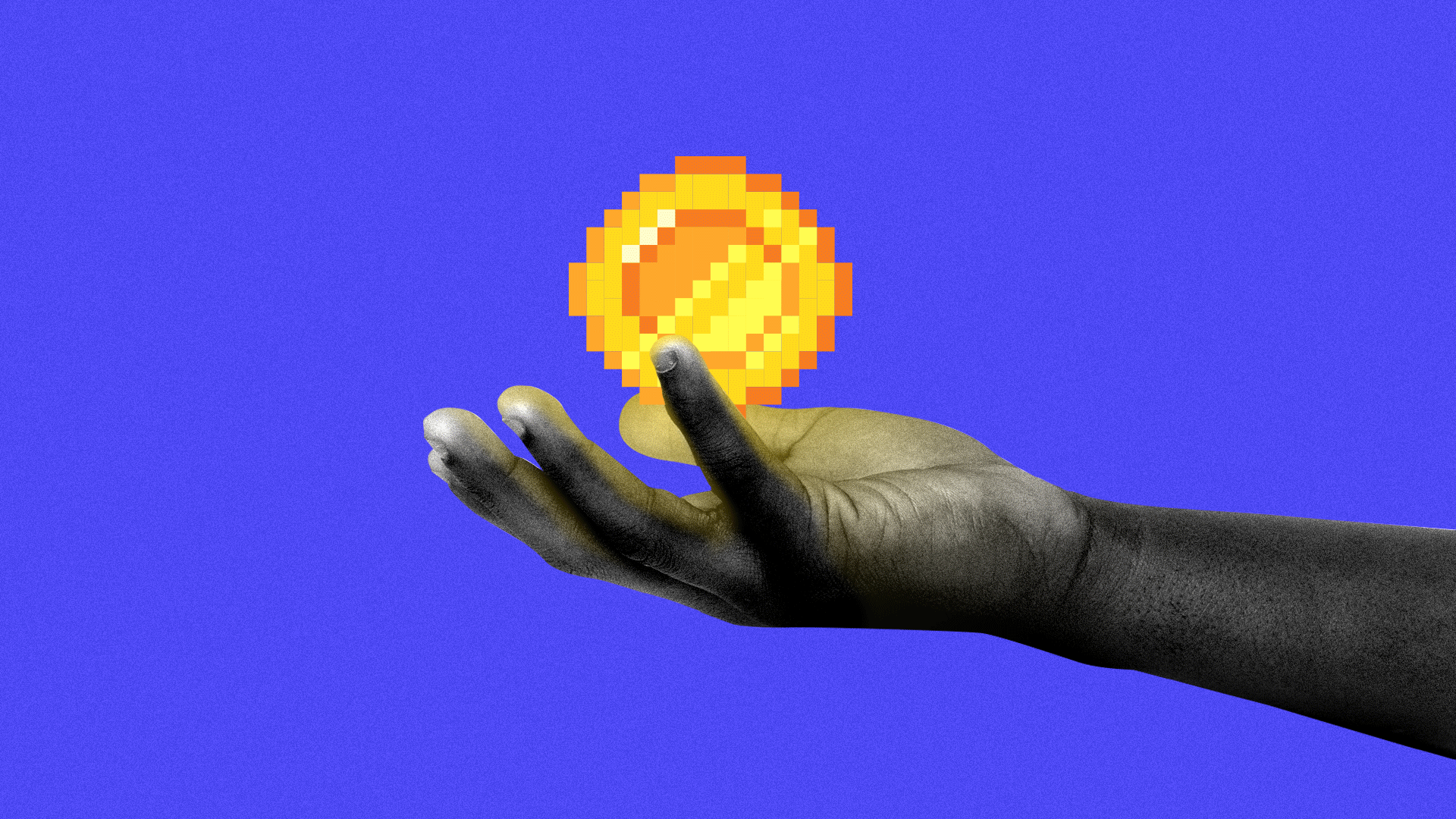 Animated illustration of a hand holding a rotating glowing golden pixel coin. 