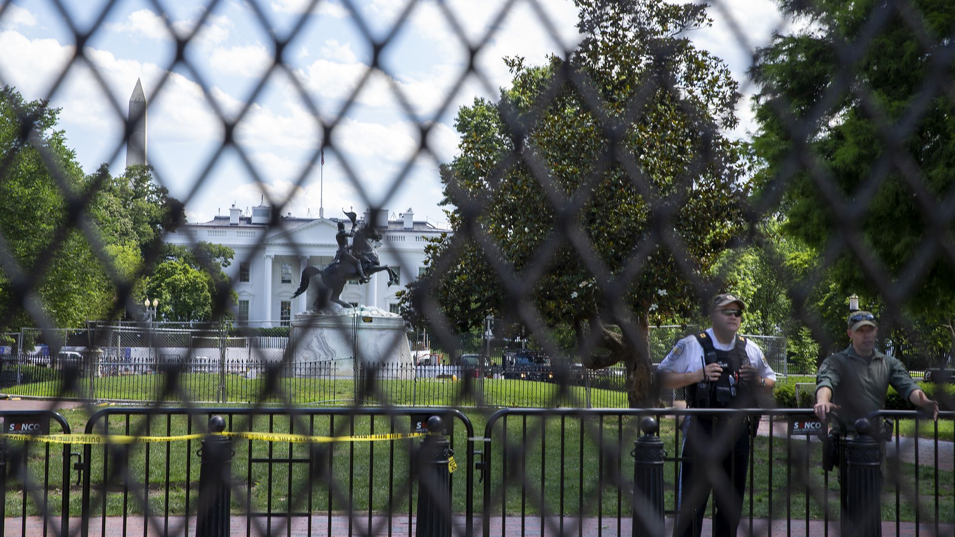 Steel fences with concrete bases were reinstalled after a failed attempt to take down a statue of President Andrew Jackson at Lafayette Park on June 24, 2020 in Washington, DC. 
