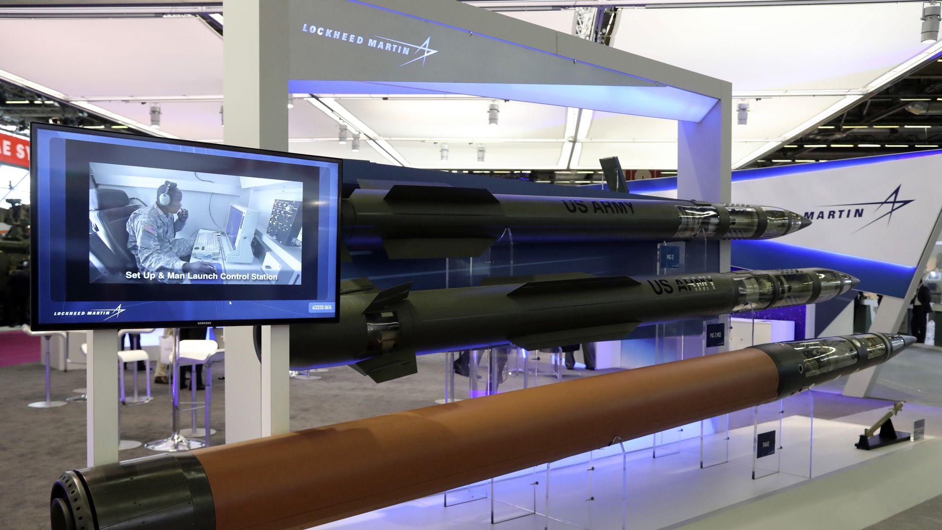 Lockheed Martin missiles on display at a defense trade show