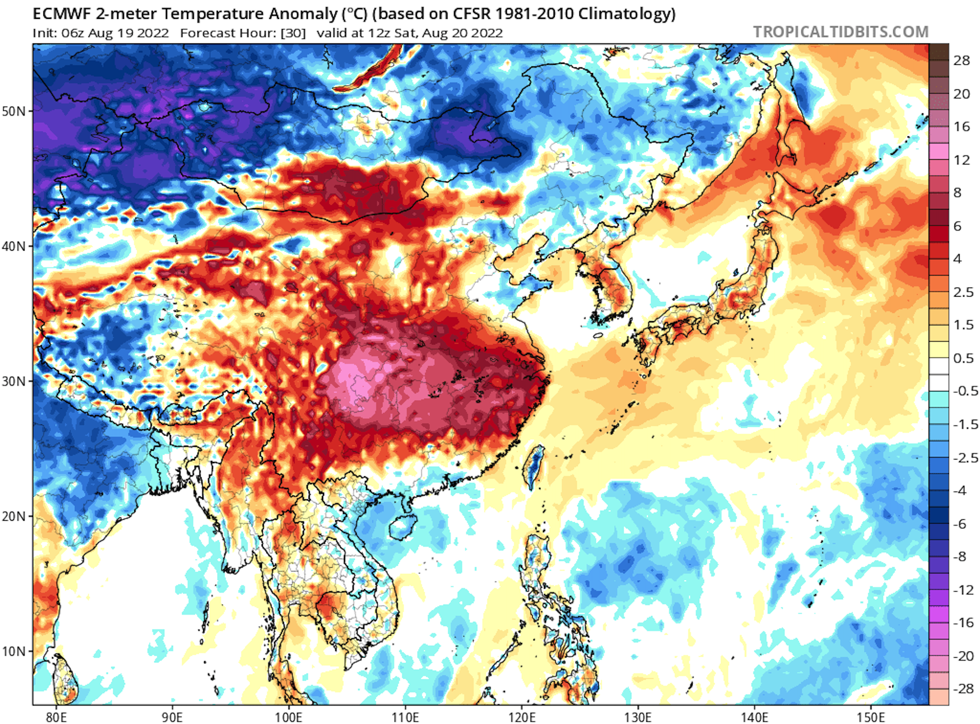 Computer model projection of temperature departures from normal across eastern China on Saturday, Aug. 20, 2022. The red colors show warmer than normal temperatures. (Tropicaltidbits.com)