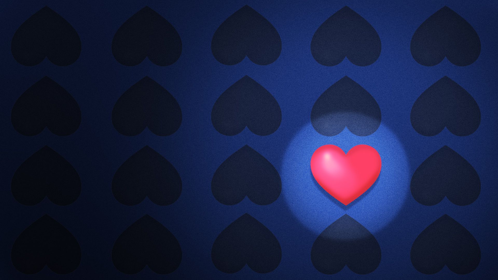 Illustration of a pattern of upside-down dark hearts with one highlighted right-side up heart in color  