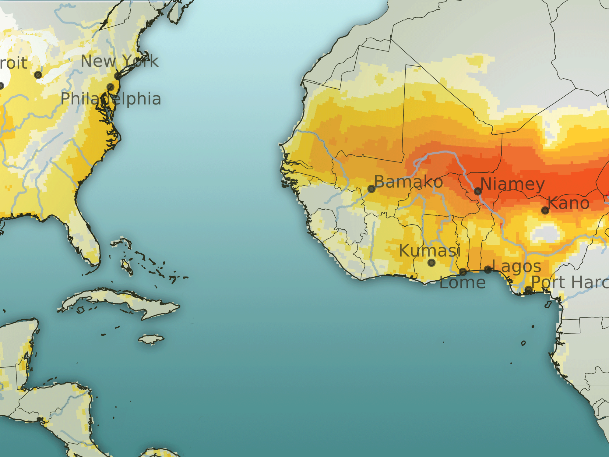 Composite map showing eastern US and western Africa. Subsaharan Africa is yellow and orange. The eastern US is yellow. This composite map shows land areas that could face extreme heat if the planet continues to warm, indicated in yellow and orange. The darker the color, the longer the projected exposure to extreme heat.