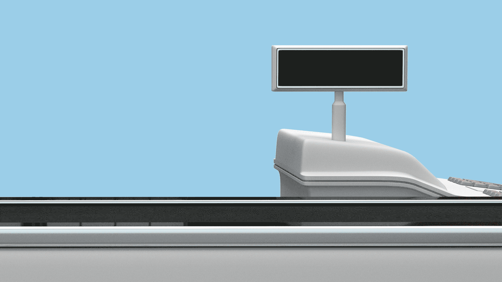 Illustration of a marijuana plant traveling through a grocery store checkout line.