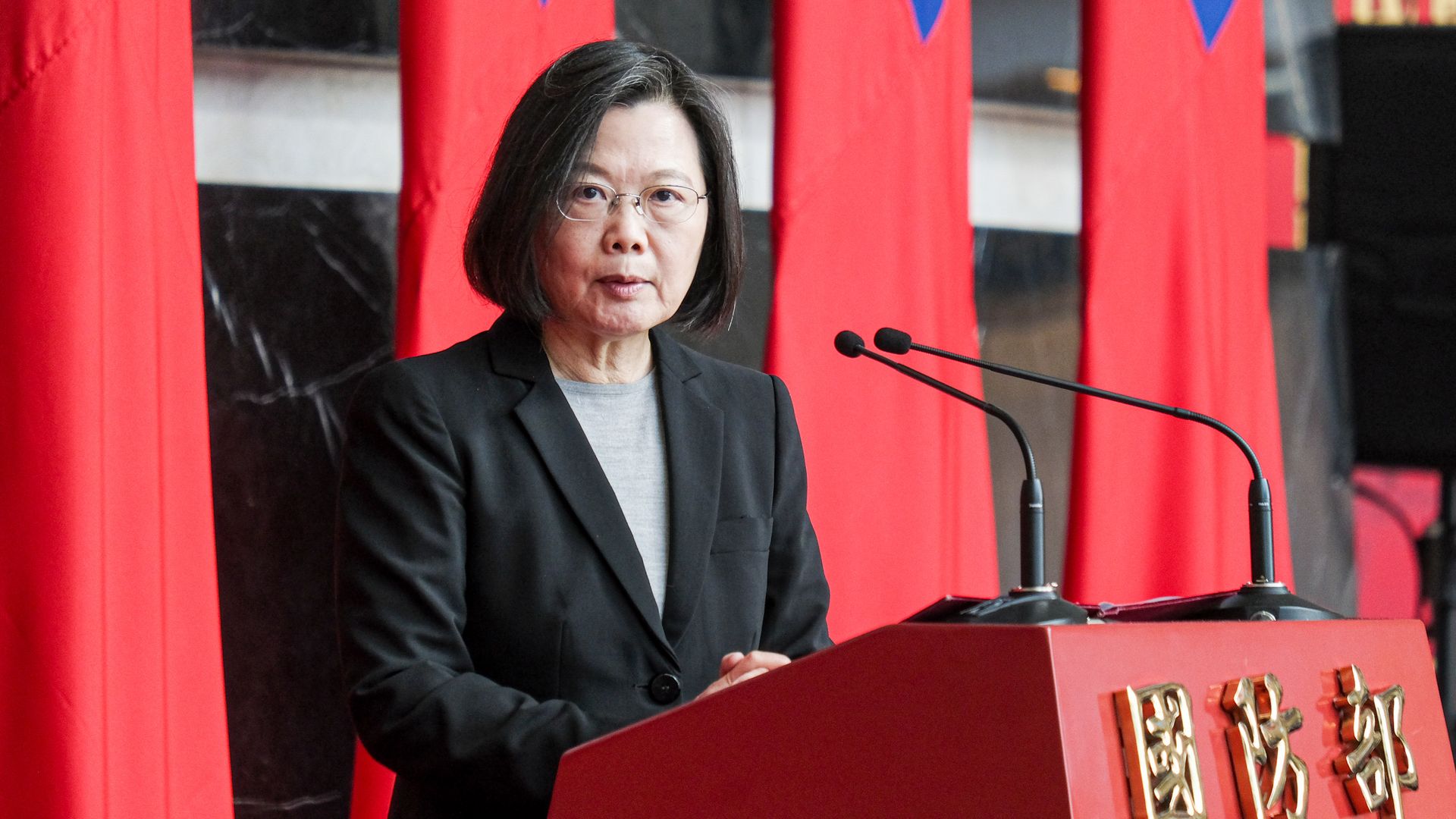 Taiwanese President Tsai Ing-wen gives her remarks during the promotion ceremony of generals and officers at the Taiwanese Ministry of National Defense.