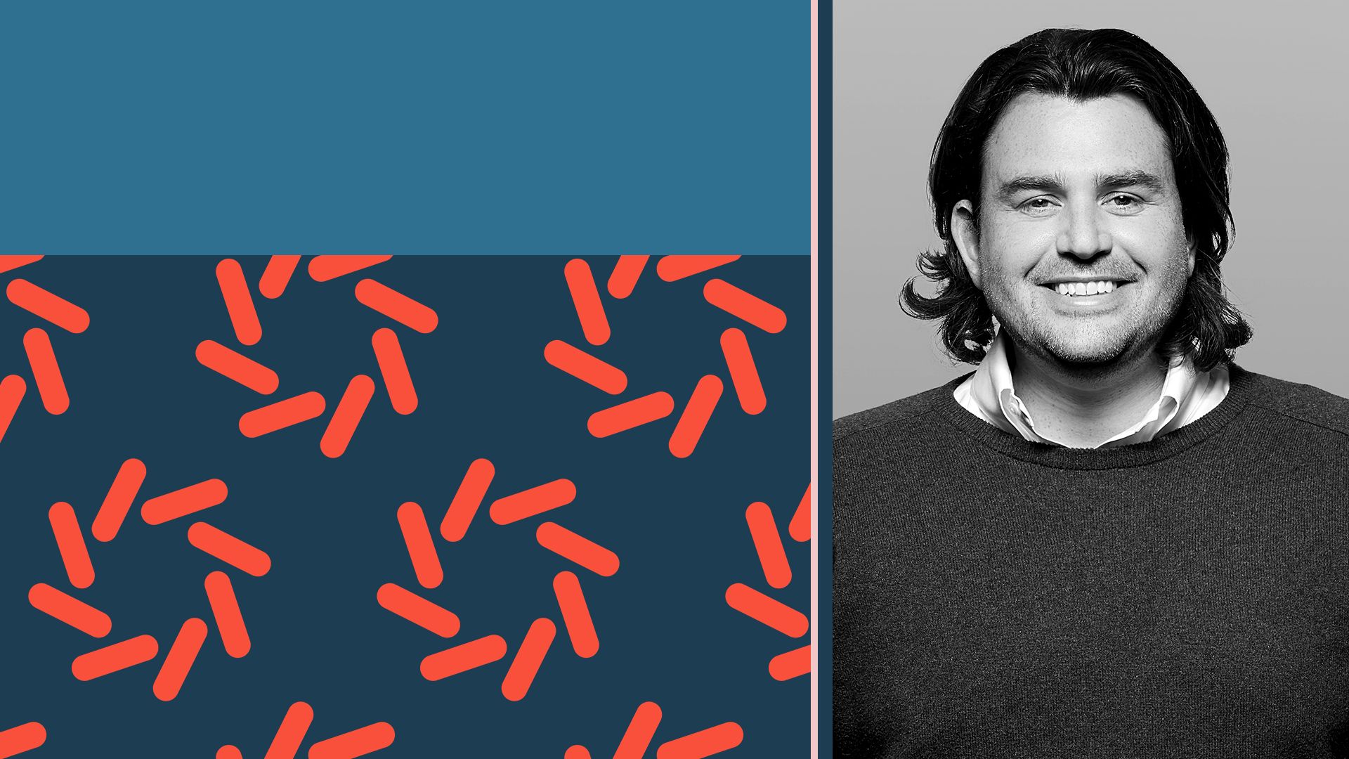 Photo illustration of Thomas "TRob" Robinson next to colorful rectangles and a pattern of Domino Data Lab logos.