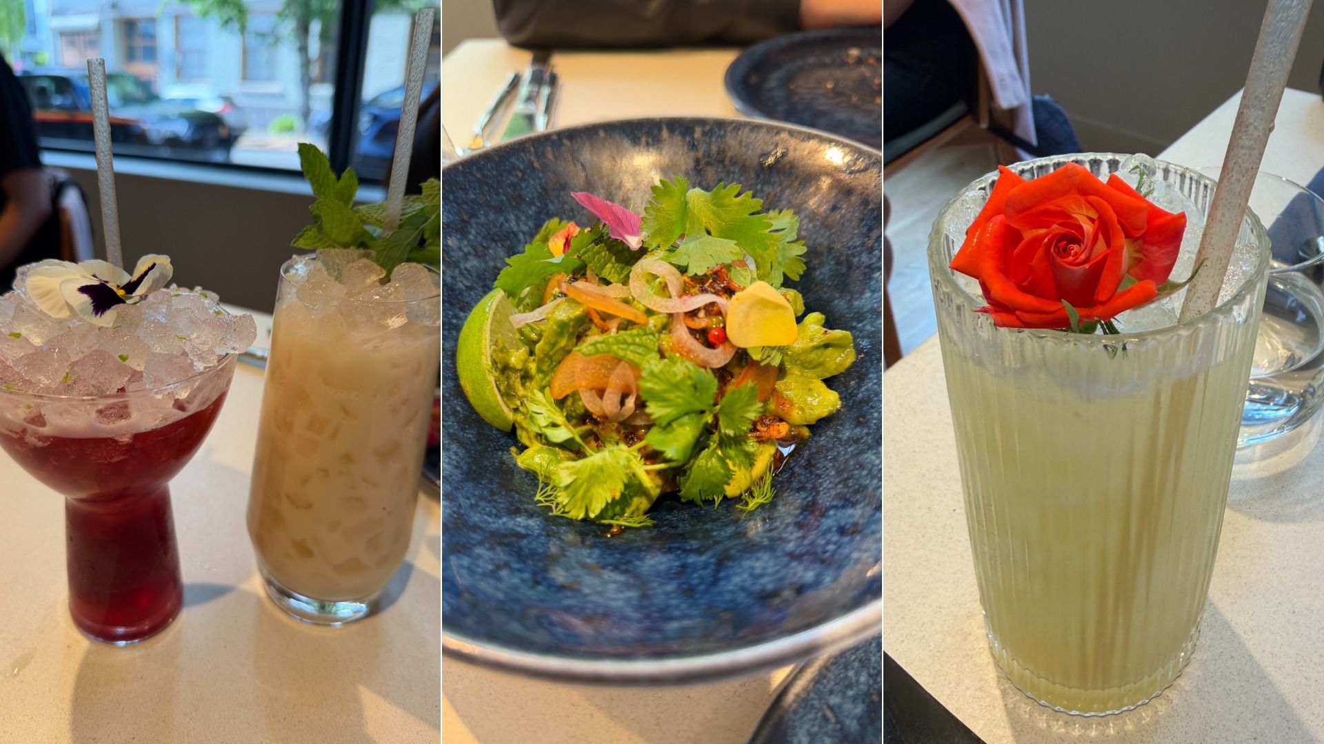 Triptych of drinks and a dish: left—two tall iced cocktails with a flower; center—blue bowl with a veggie taco topped with cilantro and lime; right—pale green drink with a red rose garnish.